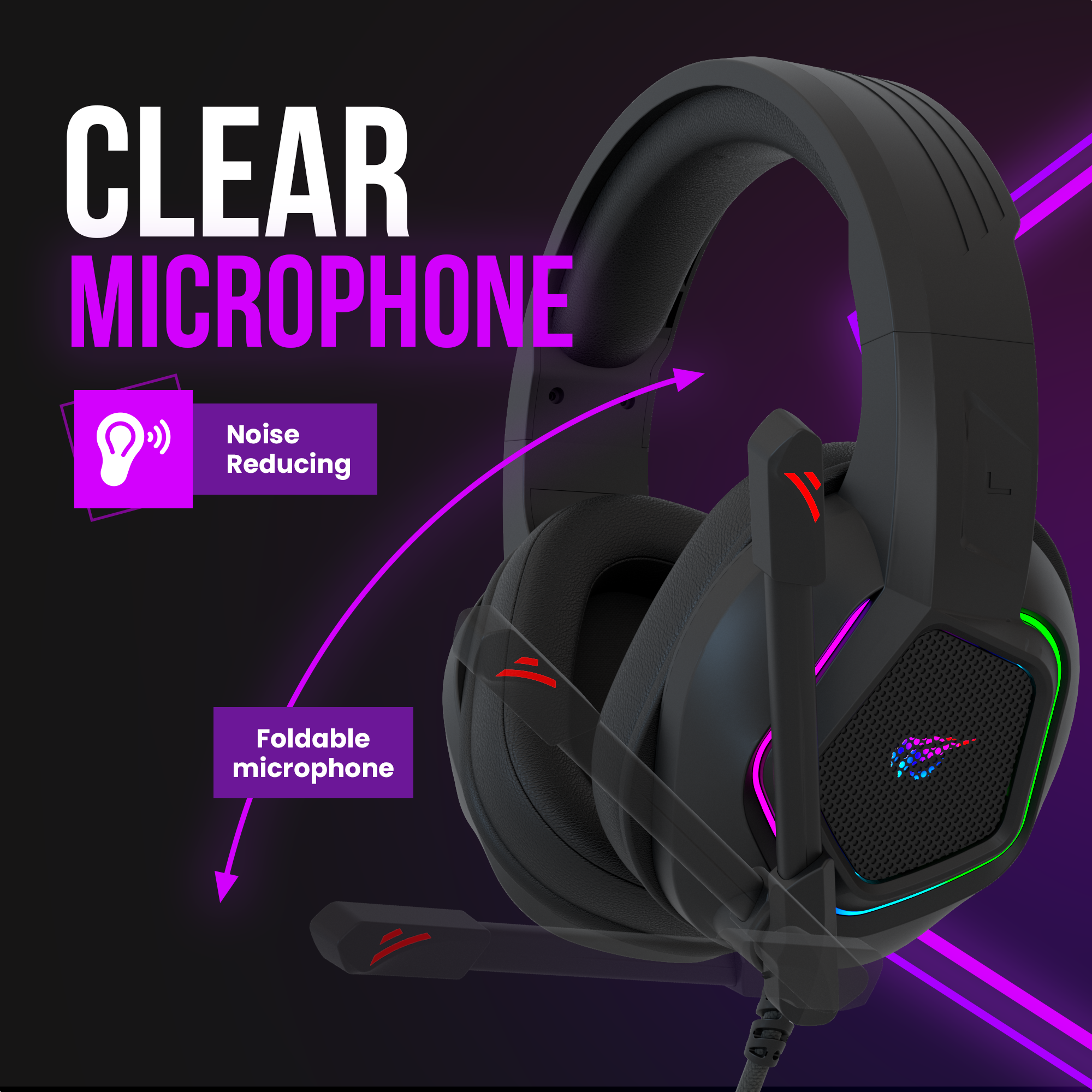 Black gaming headset with a noise-reducing, foldable microphone. The headset has RGB lighting. On a purple background.