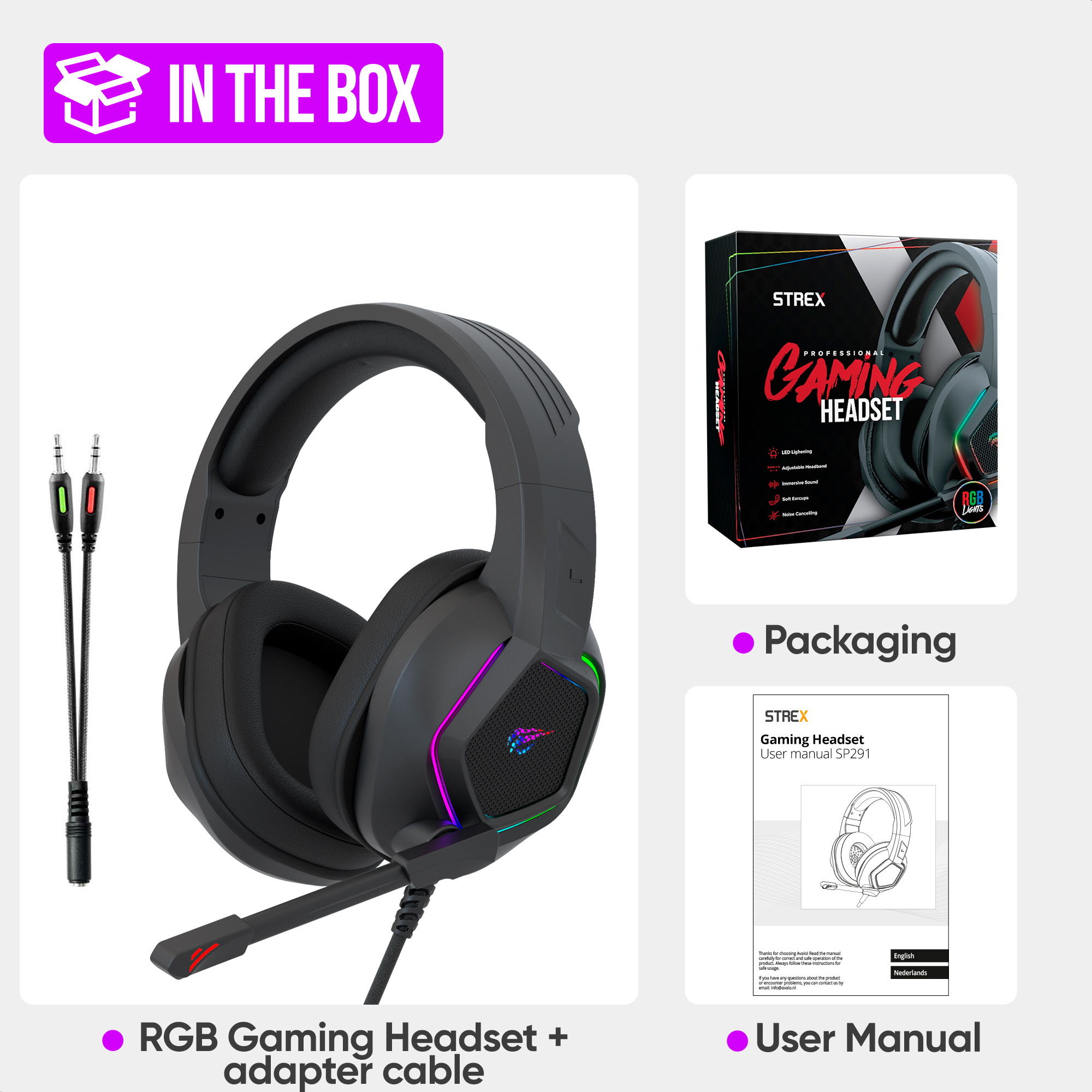 Gaming headset, adapter cable, and user manual in packaging. The headset is black with RGB lighting and a microphone.