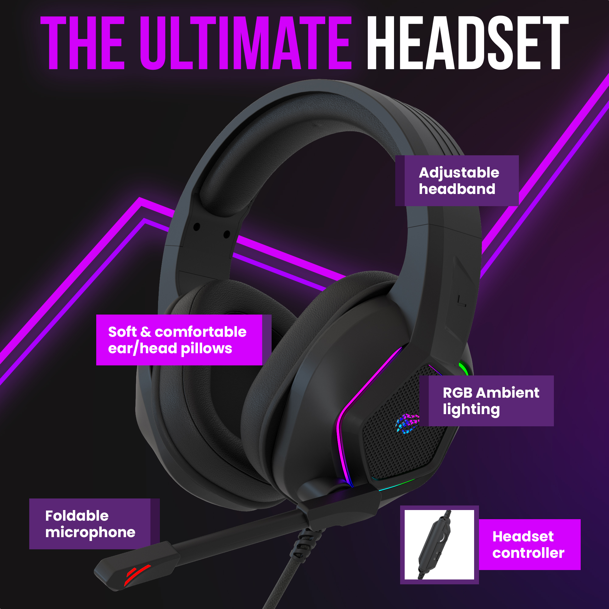 Black headset with RGB lighting and a foldable microphone. Adjustable headband and soft ear pillows.