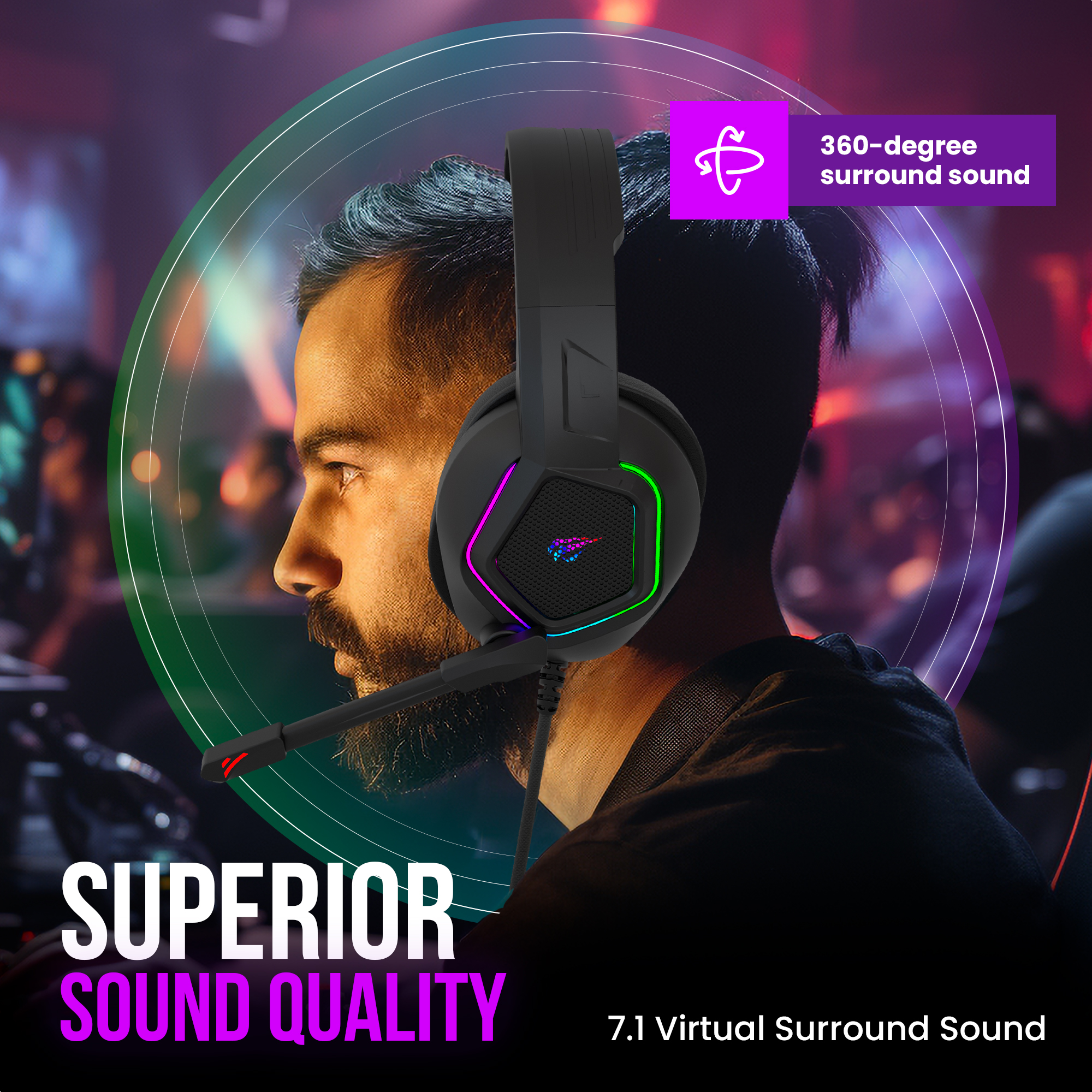 Man wearing black headset with RGB lighting. Superior sound quality with 7.1 surround sound. Purple background.