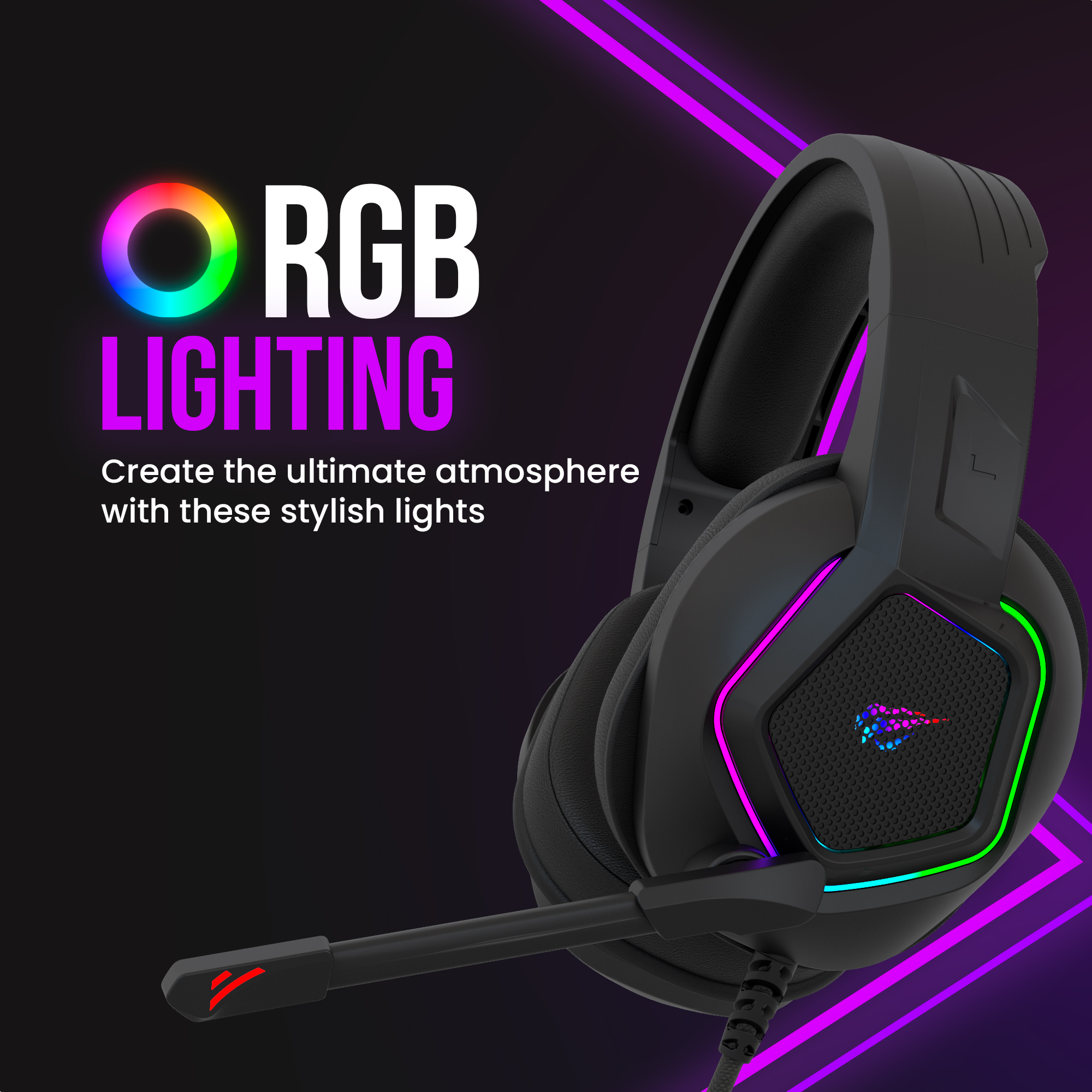 Black headset with RGB lighting. Create the ultimate atmosphere with these stylish lights. Purple background.