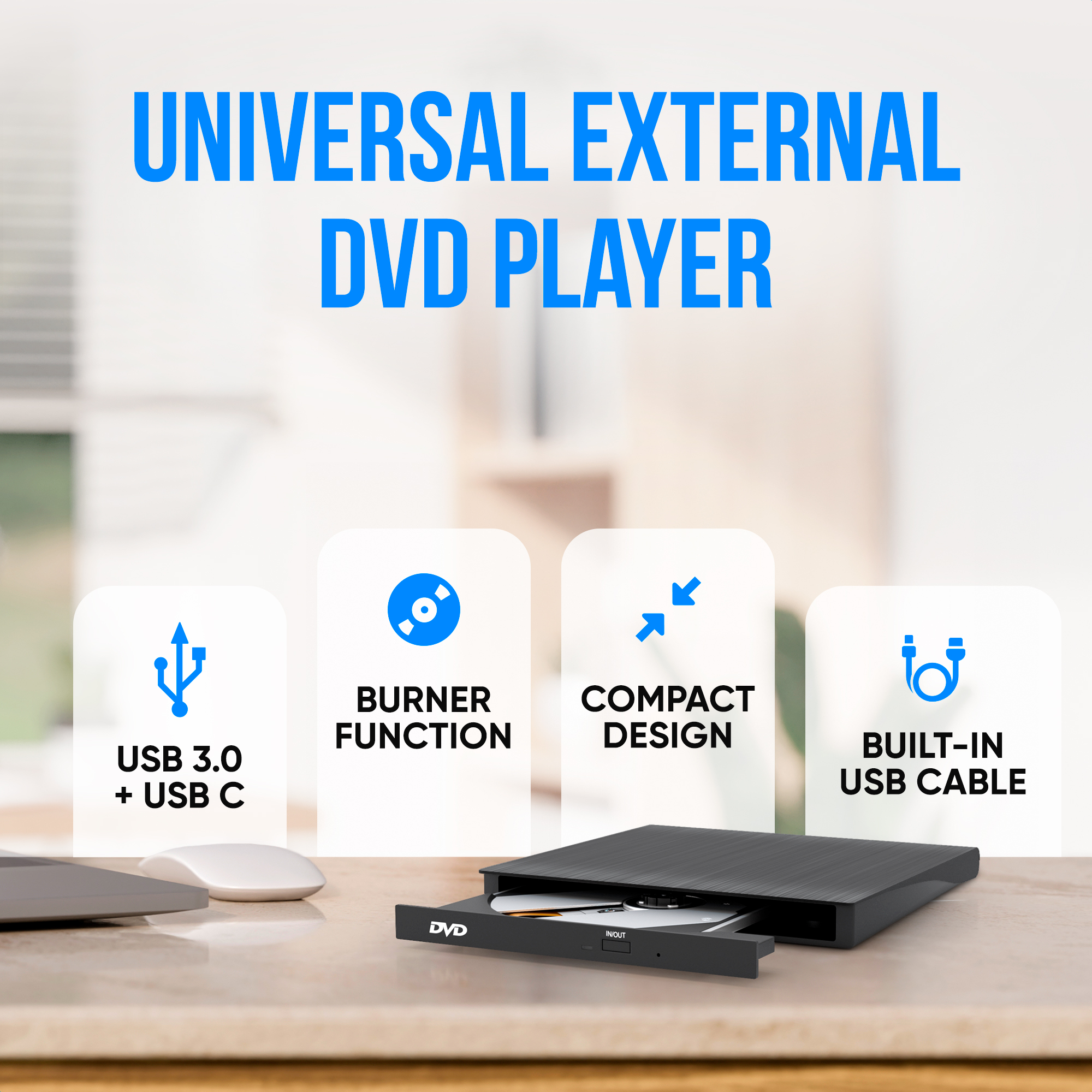 Externe DVD-speler met USB 3.0, branderfunctie, compact ontwerp en ingebouwde USB-kabel. Op een houten bureau.