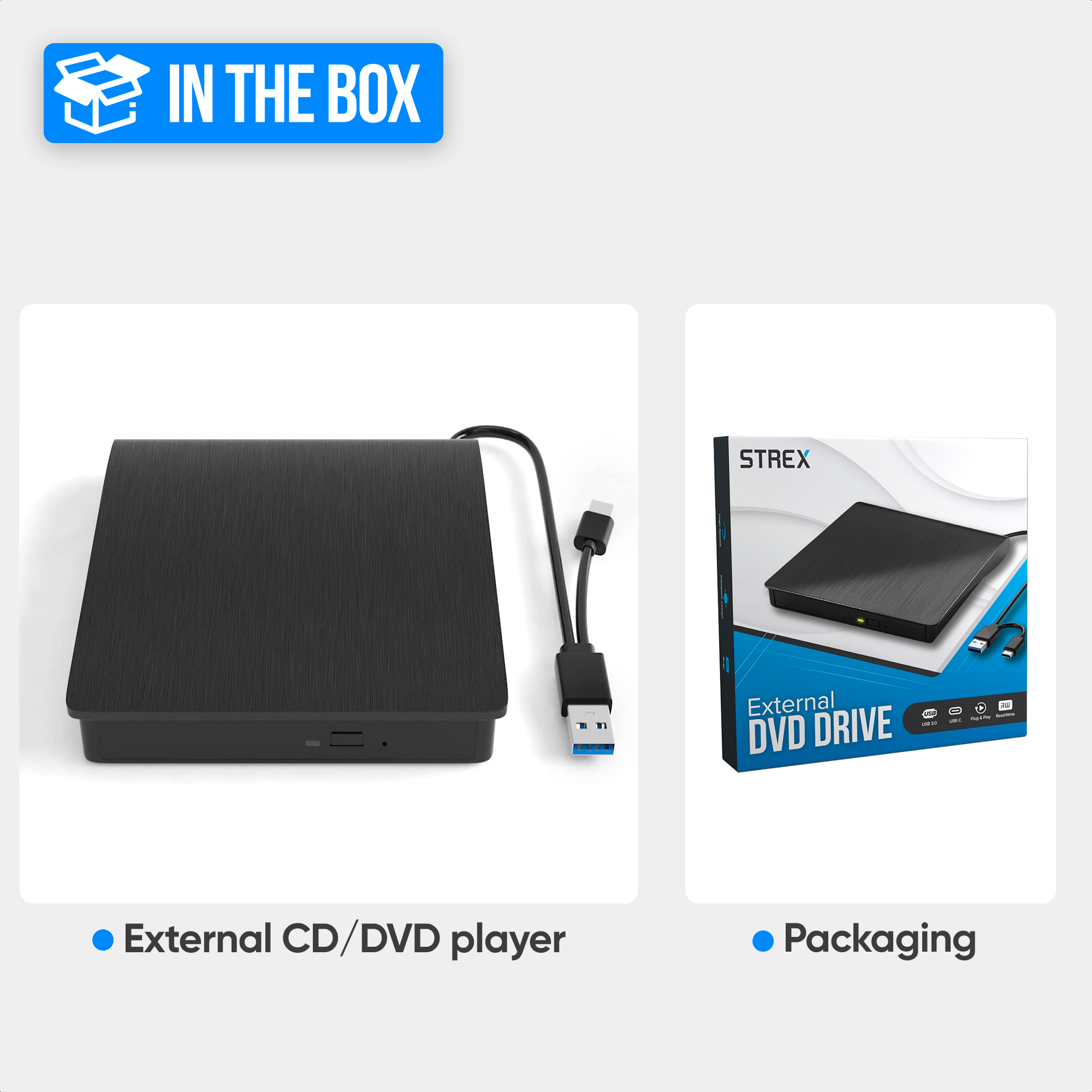 Externe cd/dvd-speler en de verpakking. Zwarte cd-speler met een USB-kabel. Witte achtergrond.