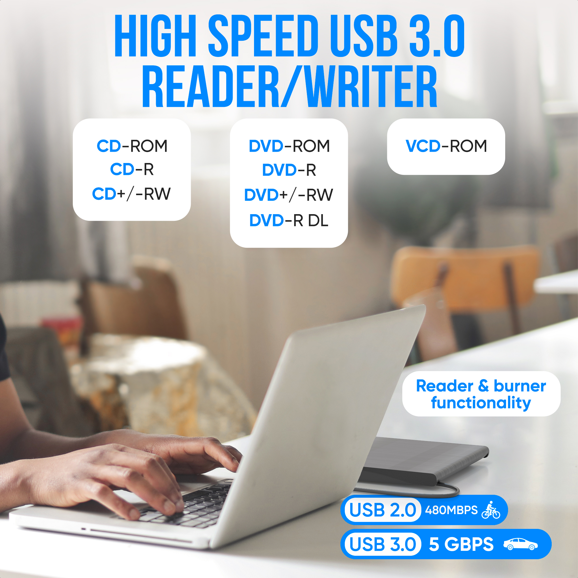 Handen die een laptop gebruiken met een CD-ROM drive en een USB 3.0 verbinding. Tekst geeft CD-ROM, DVD-ROM en VCD-ROM.