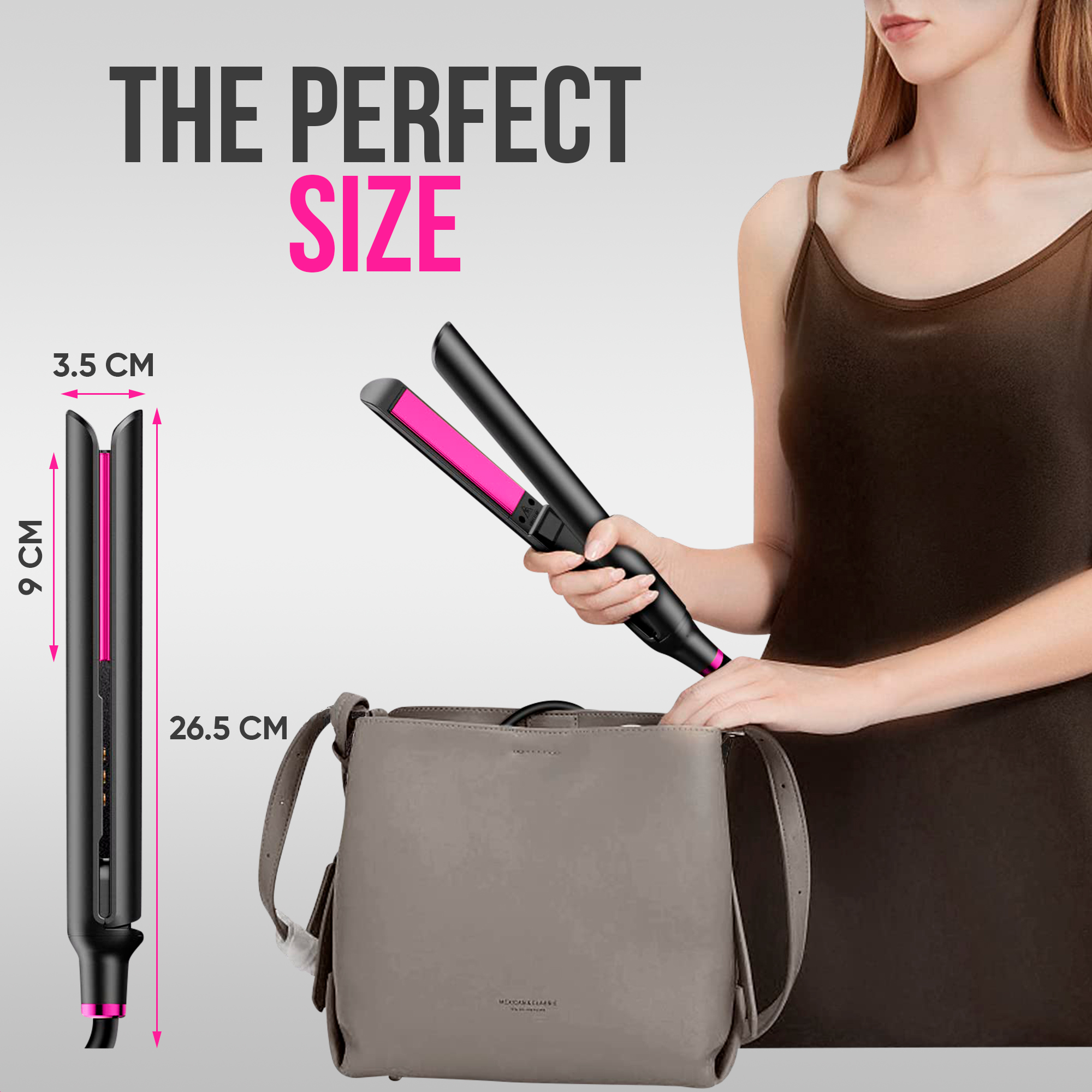 Hair straightener in a bag. It is 9 cm long, 3.5 cm wide, and 26.5 cm in length. Pink plates.