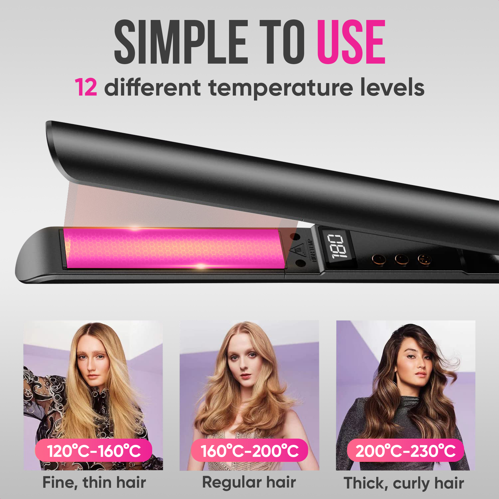 Black hair straightener with 12 temp settings. Models show effects on hair.