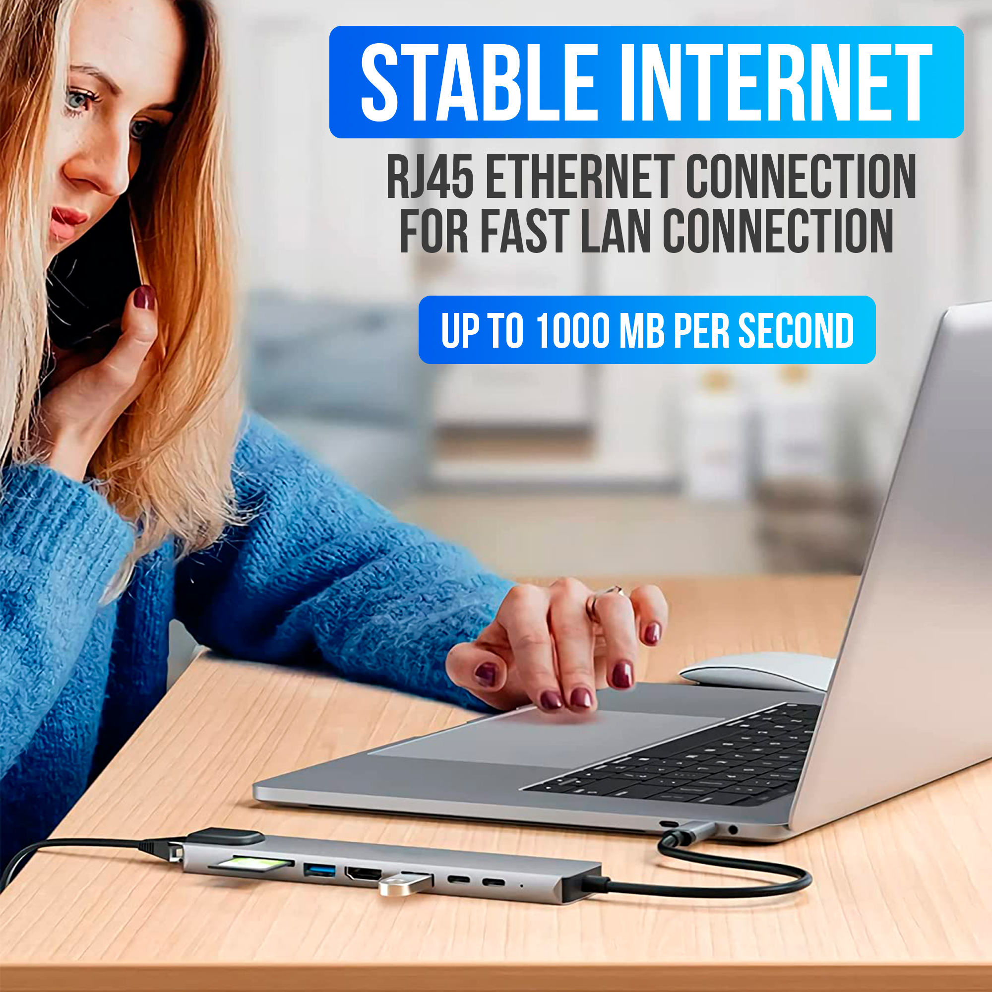 Une femme au téléphone utilise un ordinateur portable connecté à un hub. Le texte dit 'Internet stable' et 'Connexion Ethernet RJ45'.