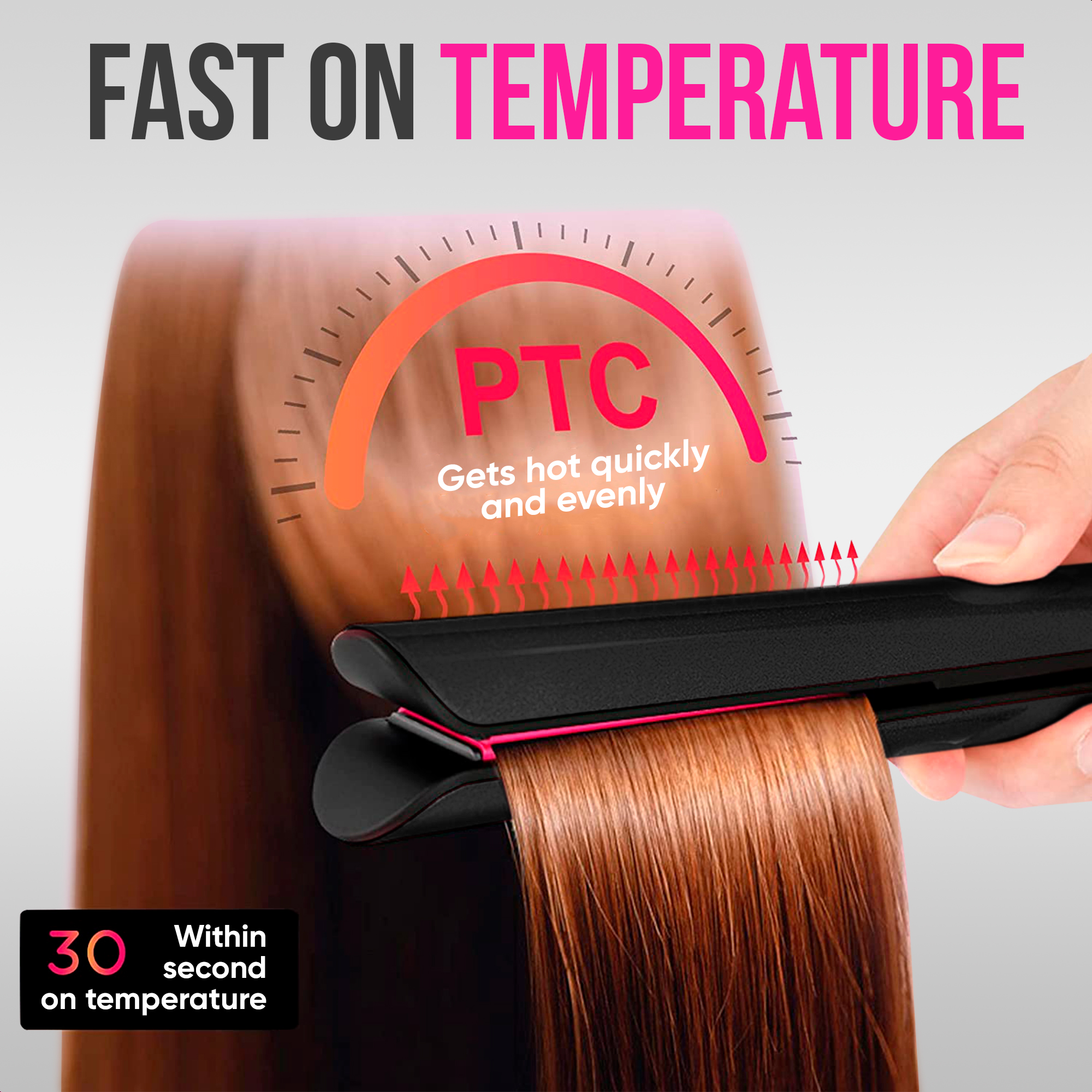 Hair straightener heats up quickly and evenly. Hair is being straightened. A PTC heating element.