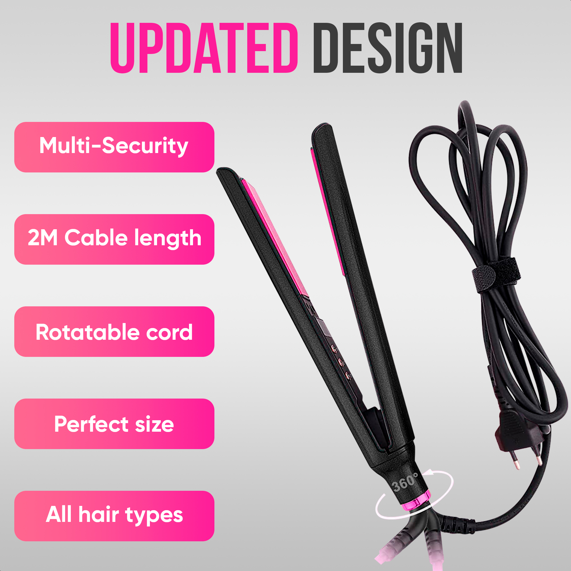 Black hair straightener with pink plates, features include multi-security and rotatable cord.