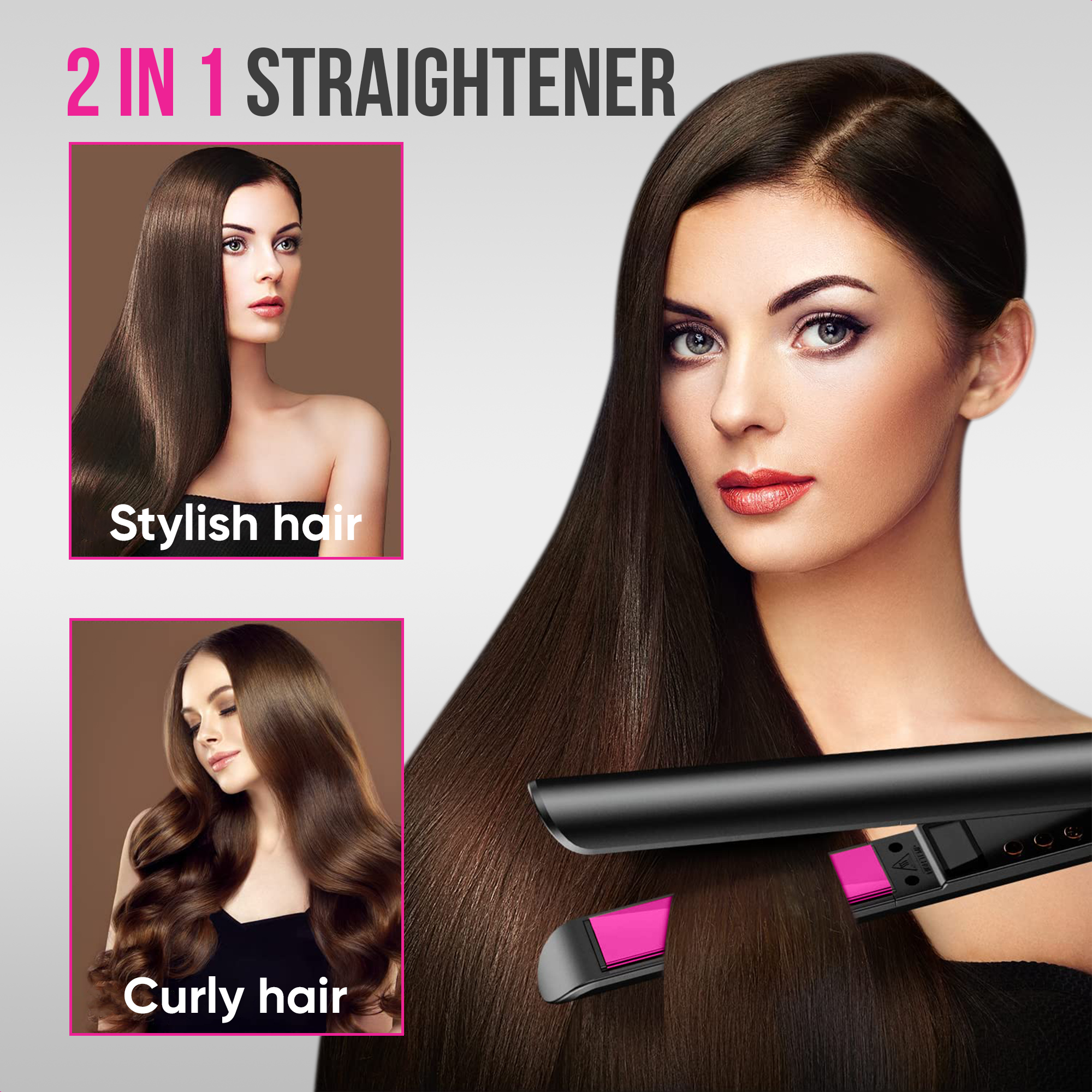 Two women with different hairstyles are shown. One has stylish straight hair, the other curly hair, next to a hair straightener.