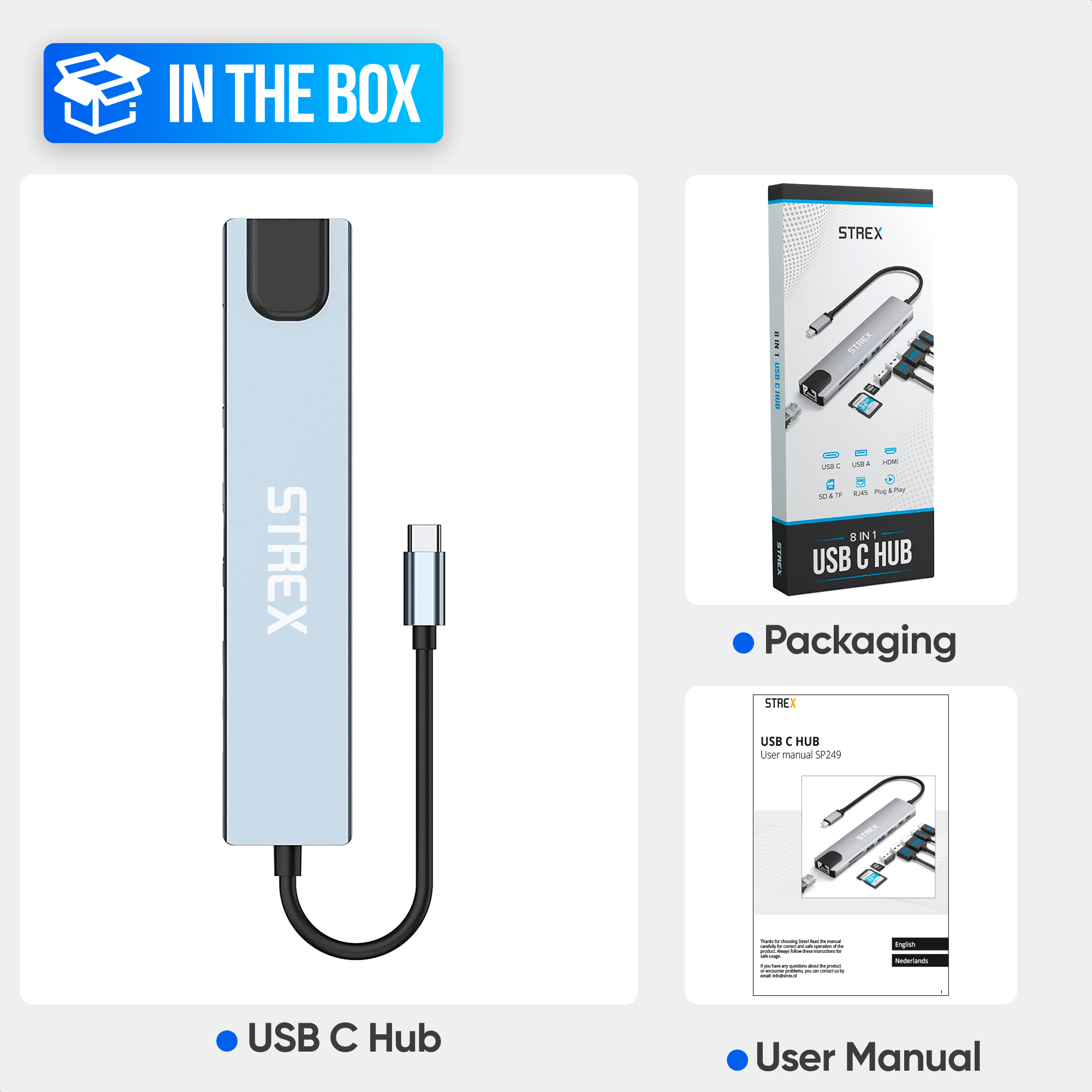 Hub USB C, emballage et manuel d'utilisation. Hub argenté avec câble USB-C noir.
