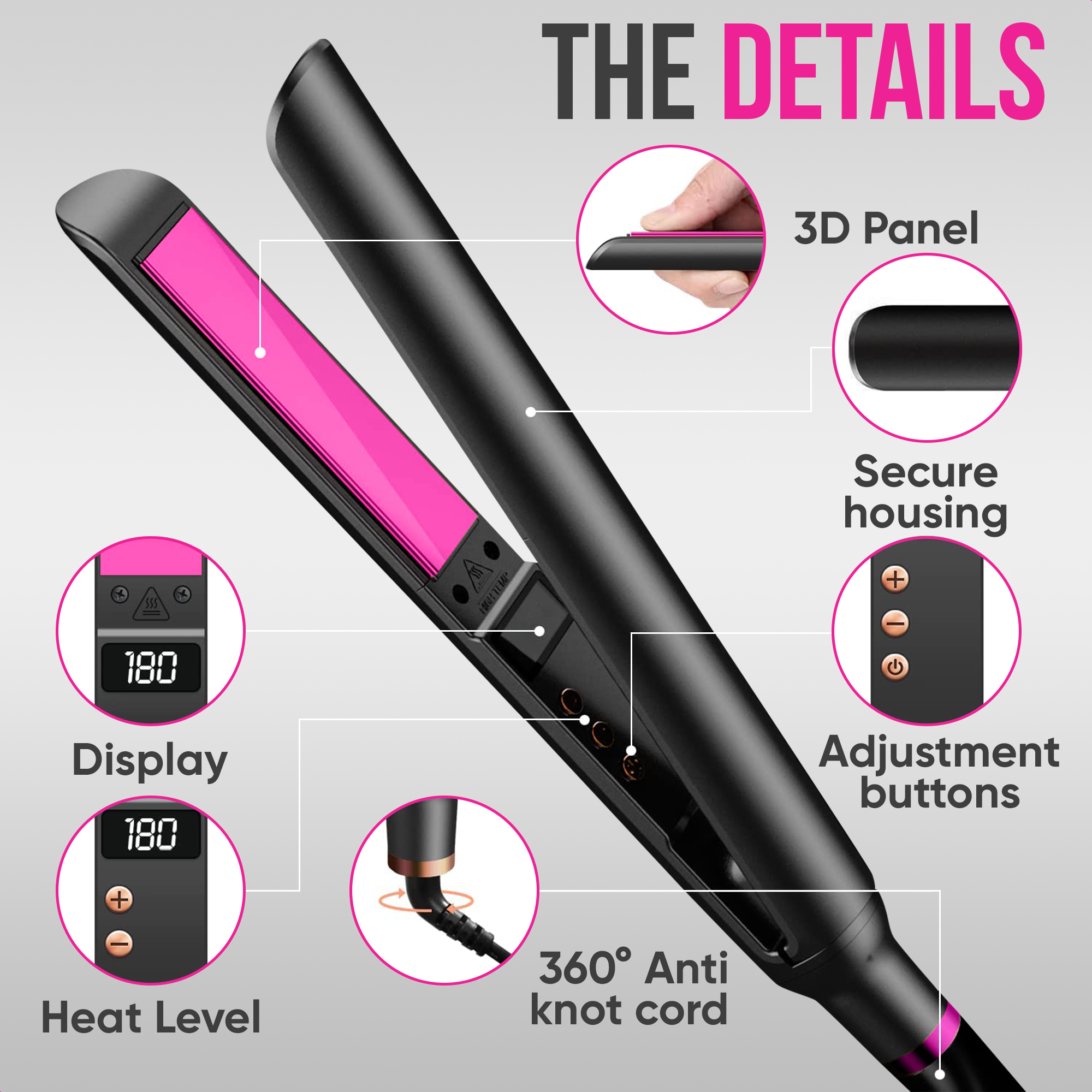 Close-up of a hair straightener showing details: display, adjustment buttons, 3D panel, secure housing, and 360° anti-knot cord.