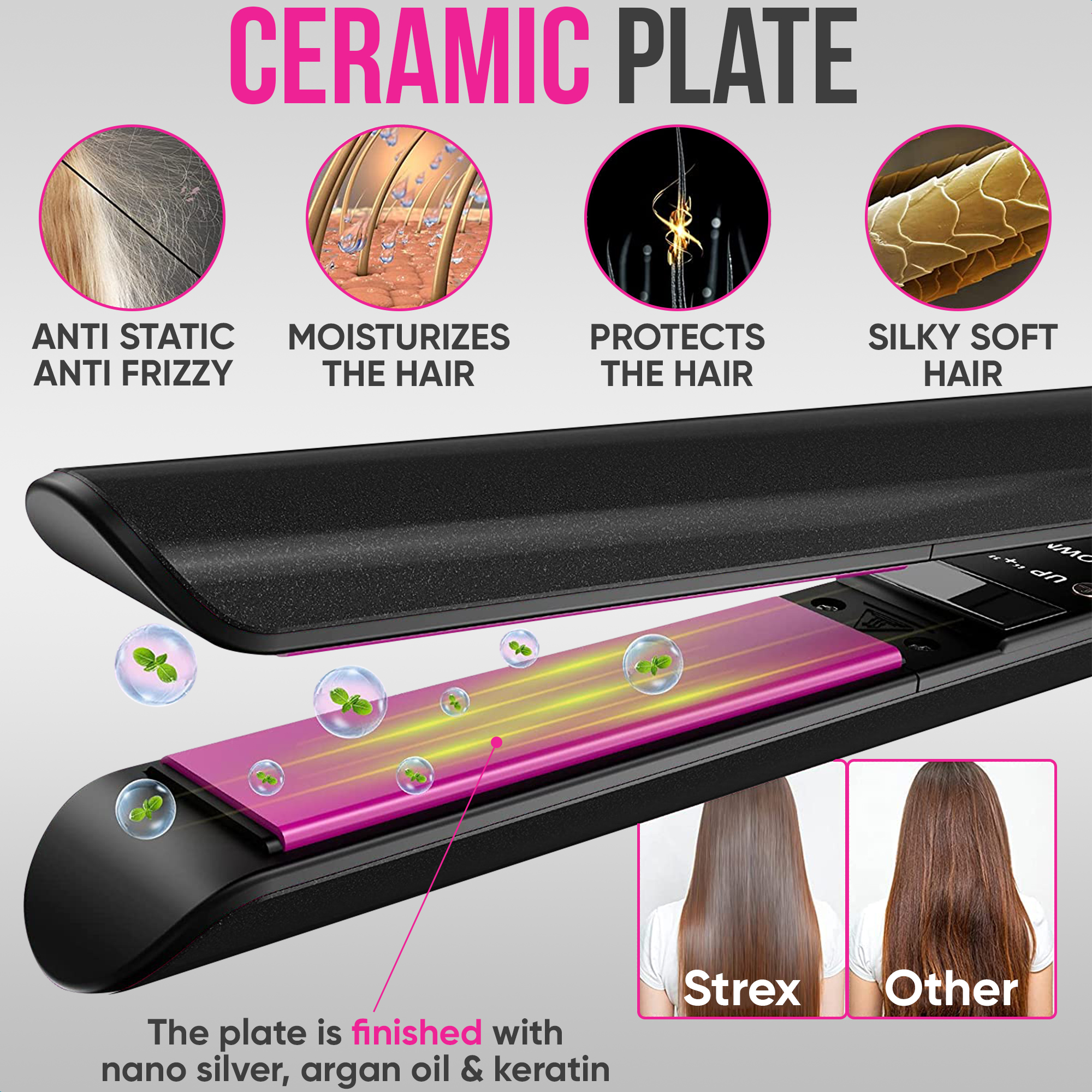 A hair straightener with a pink ceramic plate. Text indicates anti-static, moisturizes, protects, and silky soft hair benefits.