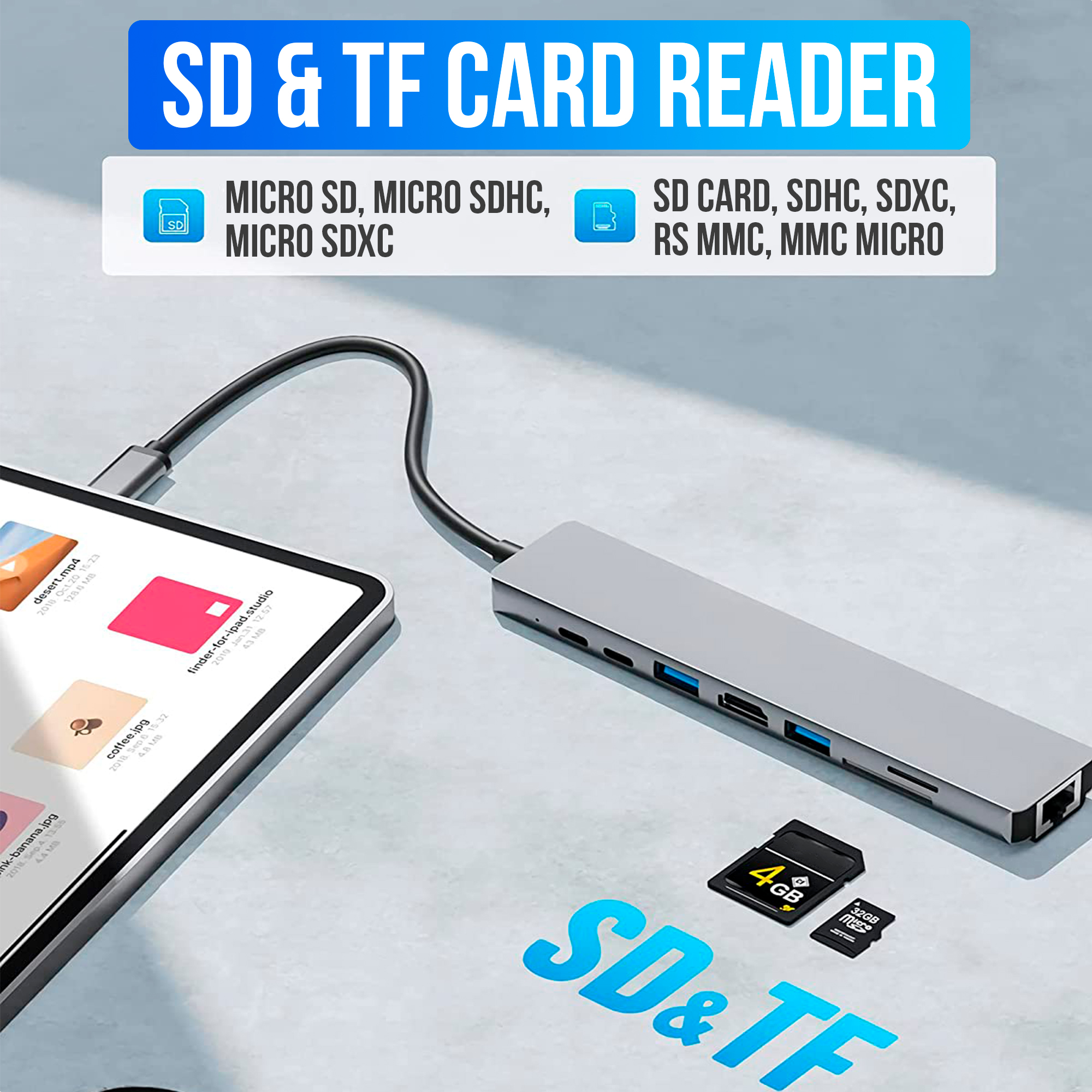 Un iPad connecté à un hub avec un lecteur de cartes SD et TF. Le hub a plusieurs ports. Des cartes et des fichiers sont affichés.