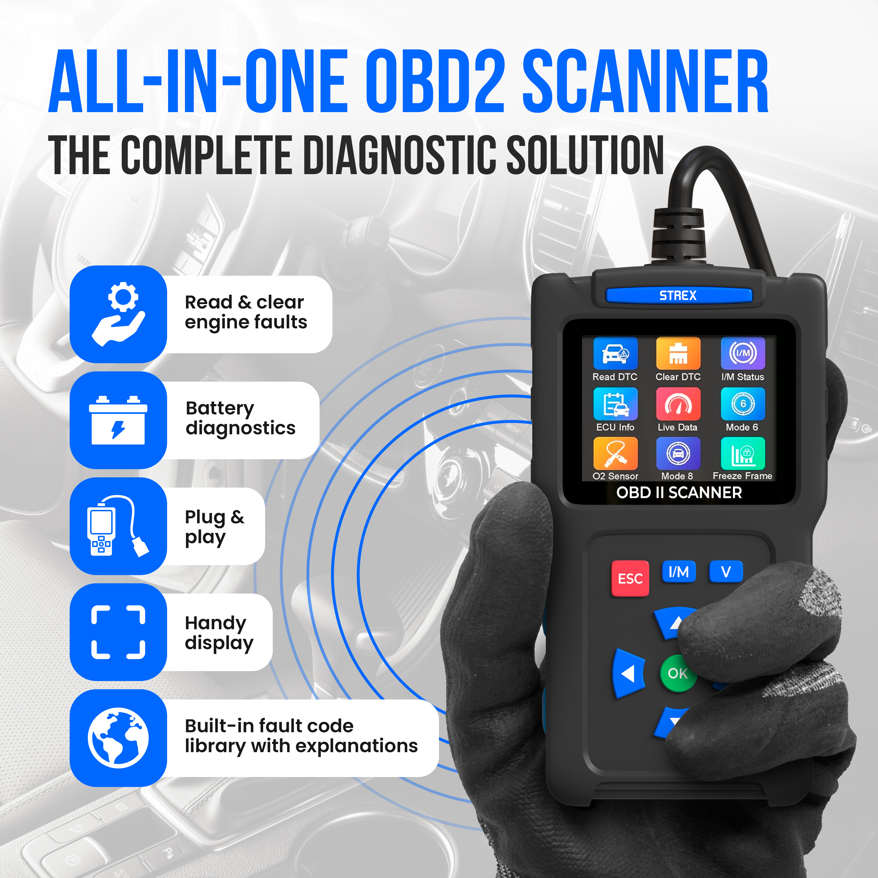An OBD2 scanner with multiple functions. It can read and clear engine faults, battery diagnostics, etc.