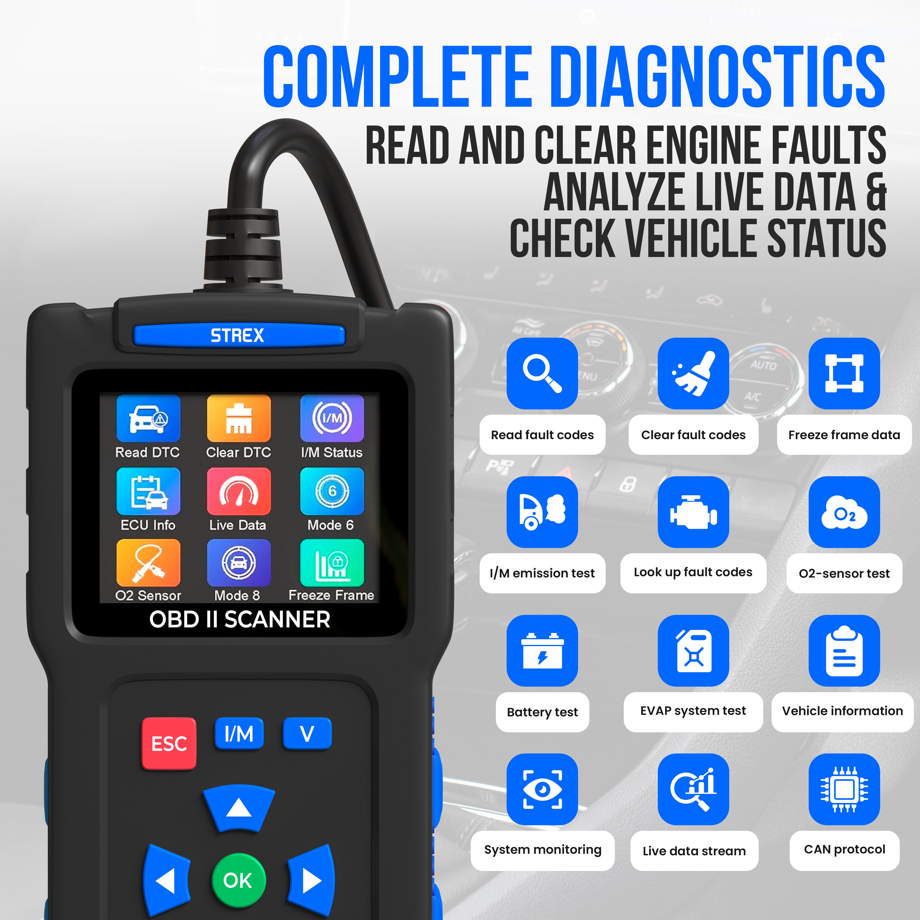 An OBD II scanner with multiple function icons, and the words 'Complete Diagnostics'. Buttons for various diagnostic options are shown.