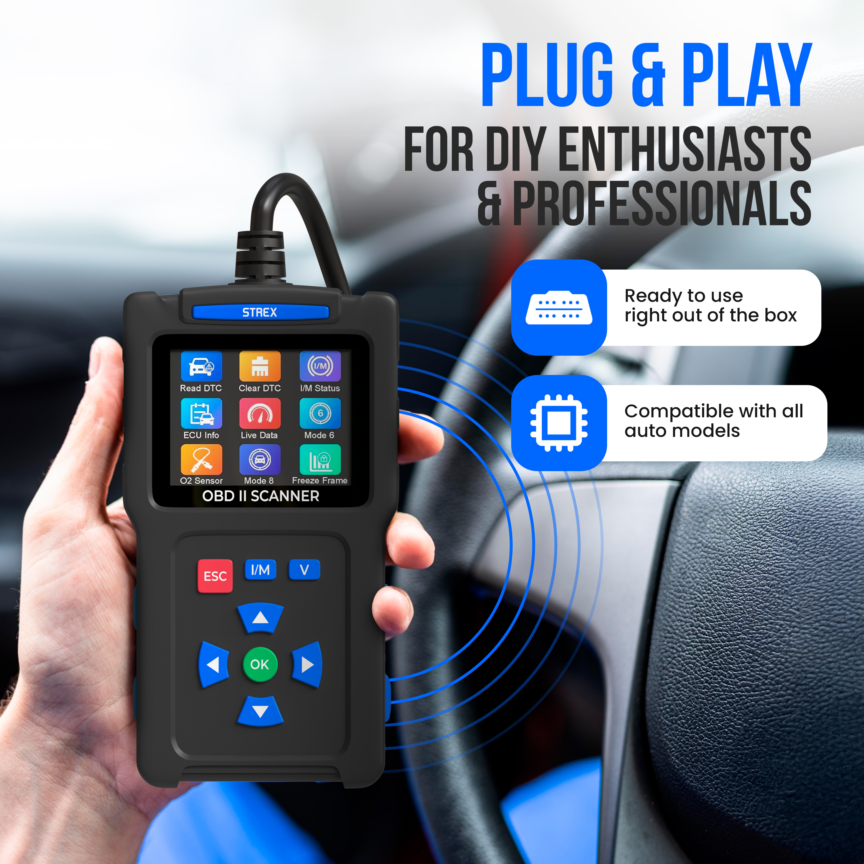 An OBD II scanner is being used by a hand. Text mentions plug and play for DIY enthusiasts and professionals.