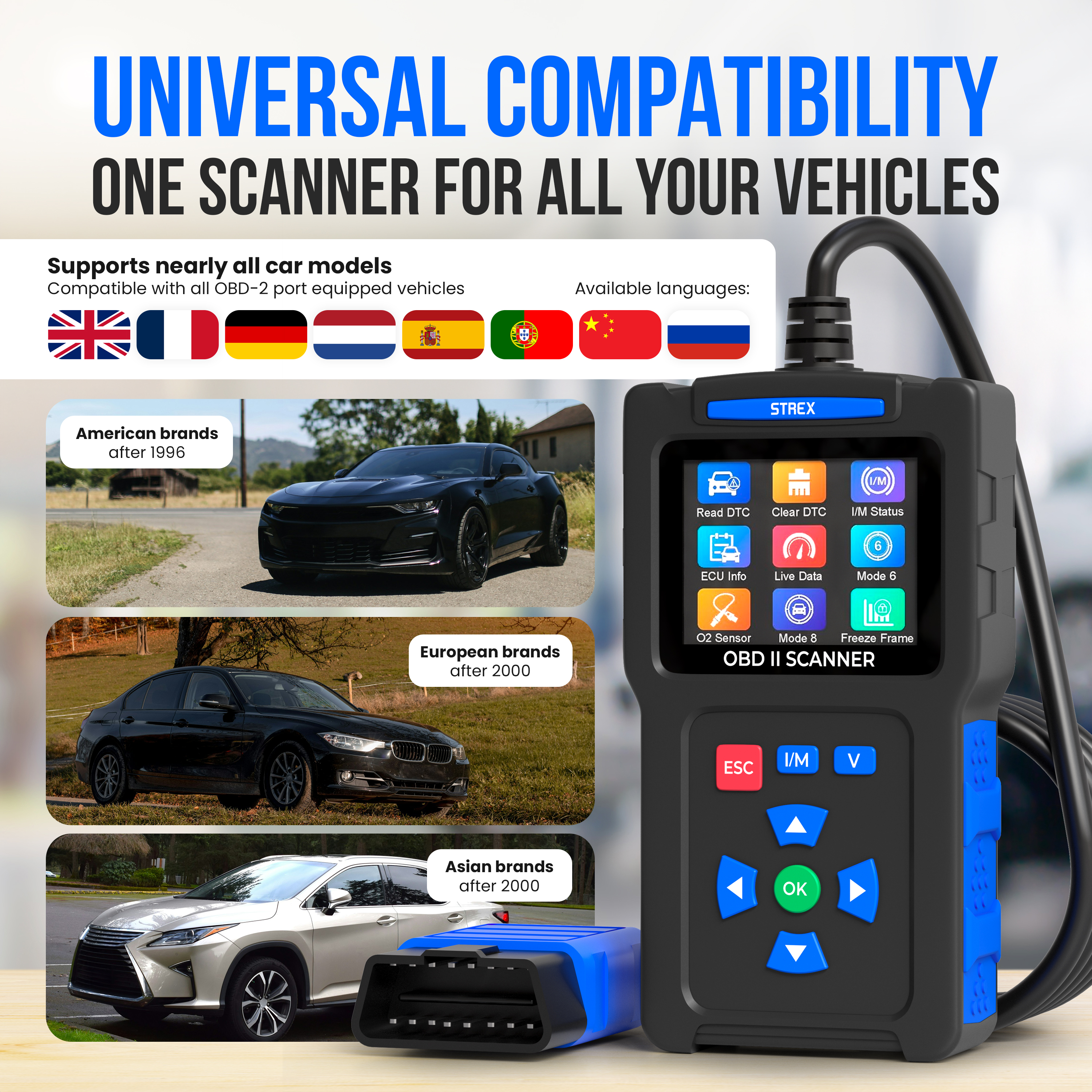 An OBD II scanner with a display showing various car brands and flags. The scanner is connected to a car's port.