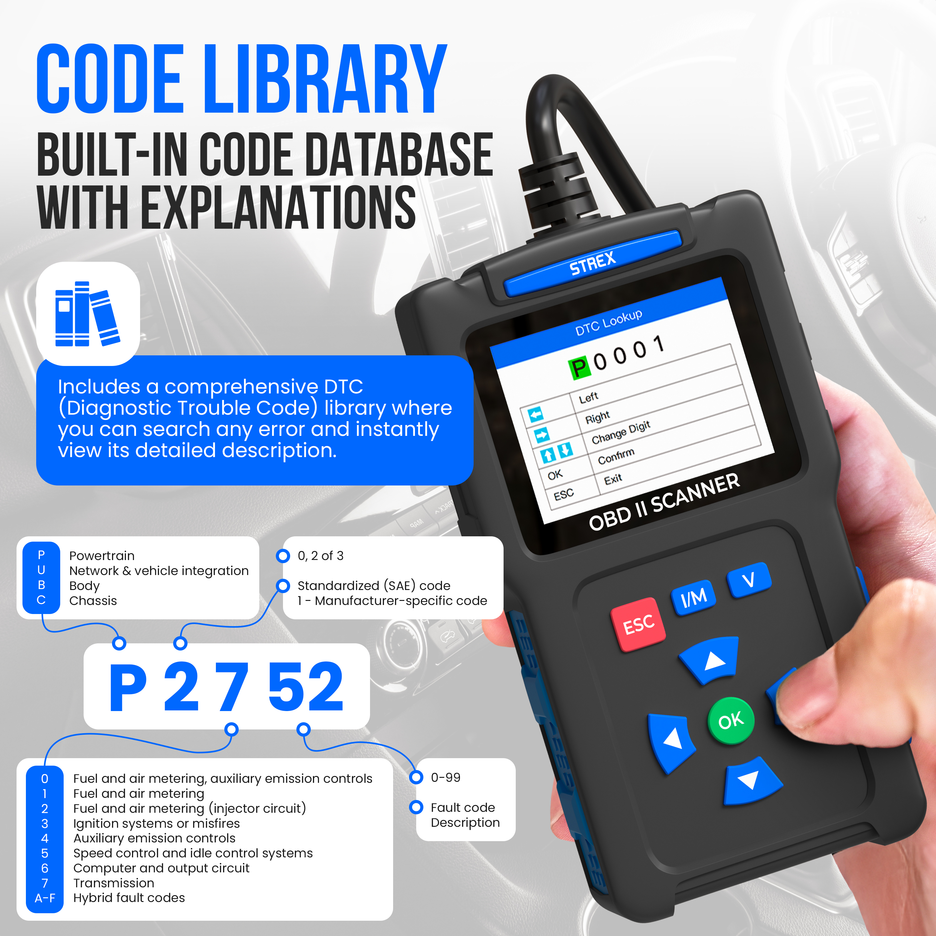 An OBD II scanner with a DTC lookup screen. The code P0001 is displayed, with details and explanations for diagnosis.