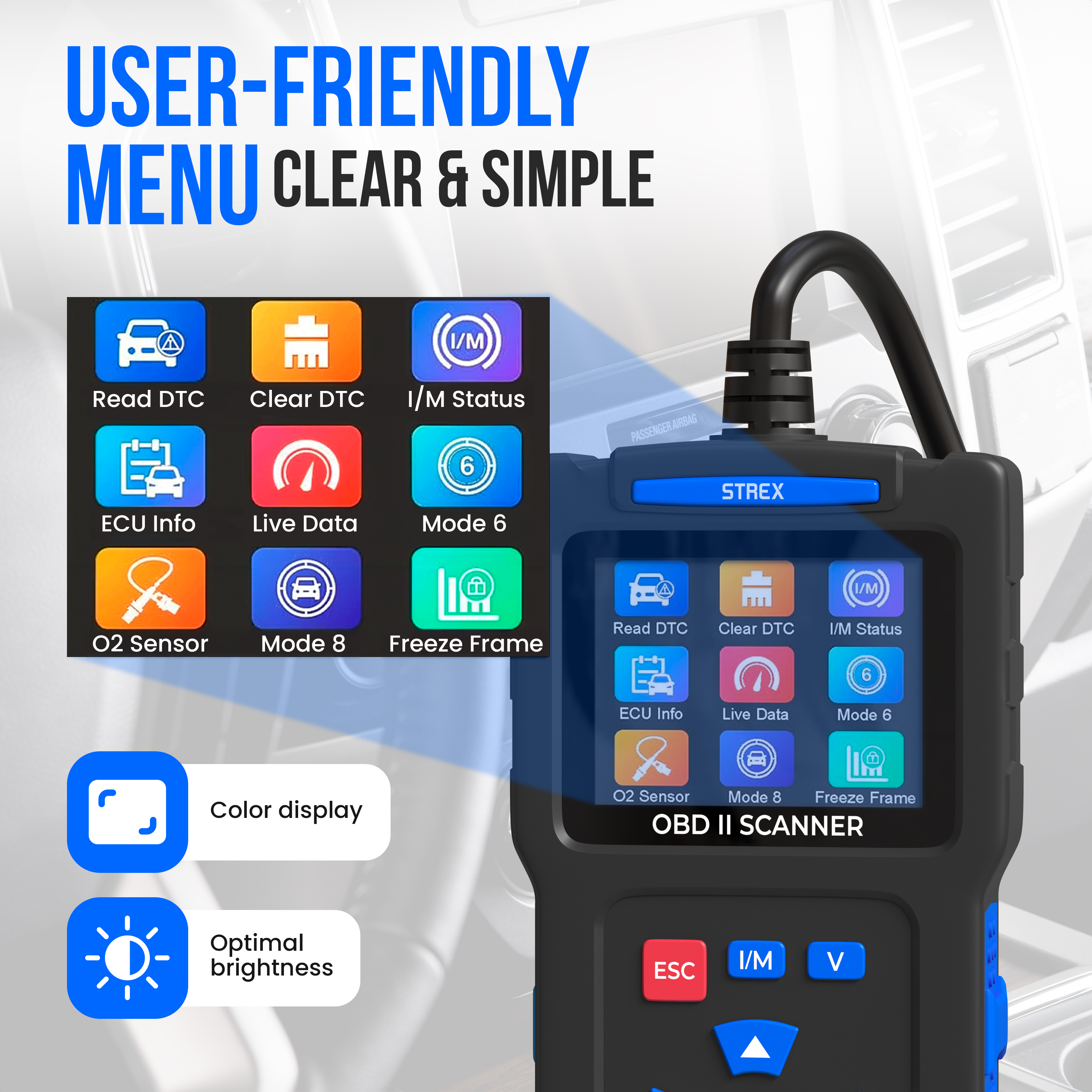 An OBD II scanner screen displays various diagnostic options. The screen shows icons for ECU info, Live Data, and others.