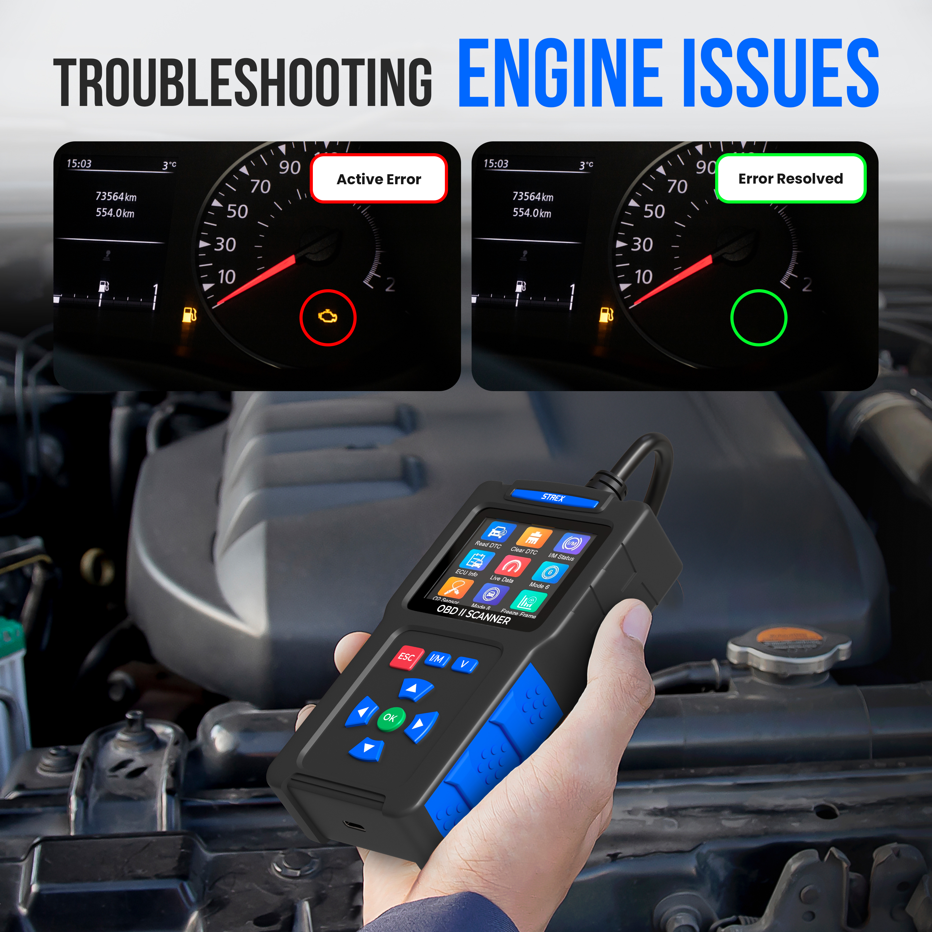 An engine diagnostic device in hand, with two car dashboard images showing error status.