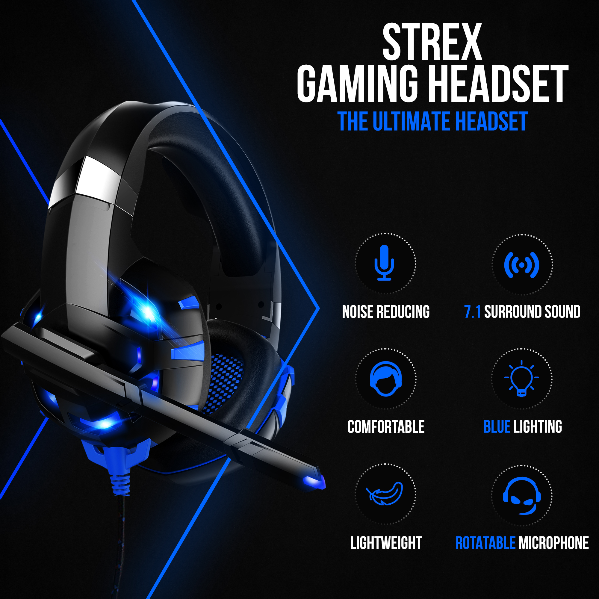 Black gaming headset with blue lights, mic, and features labeled. Text says 'STREX GAMING HEADSET'.