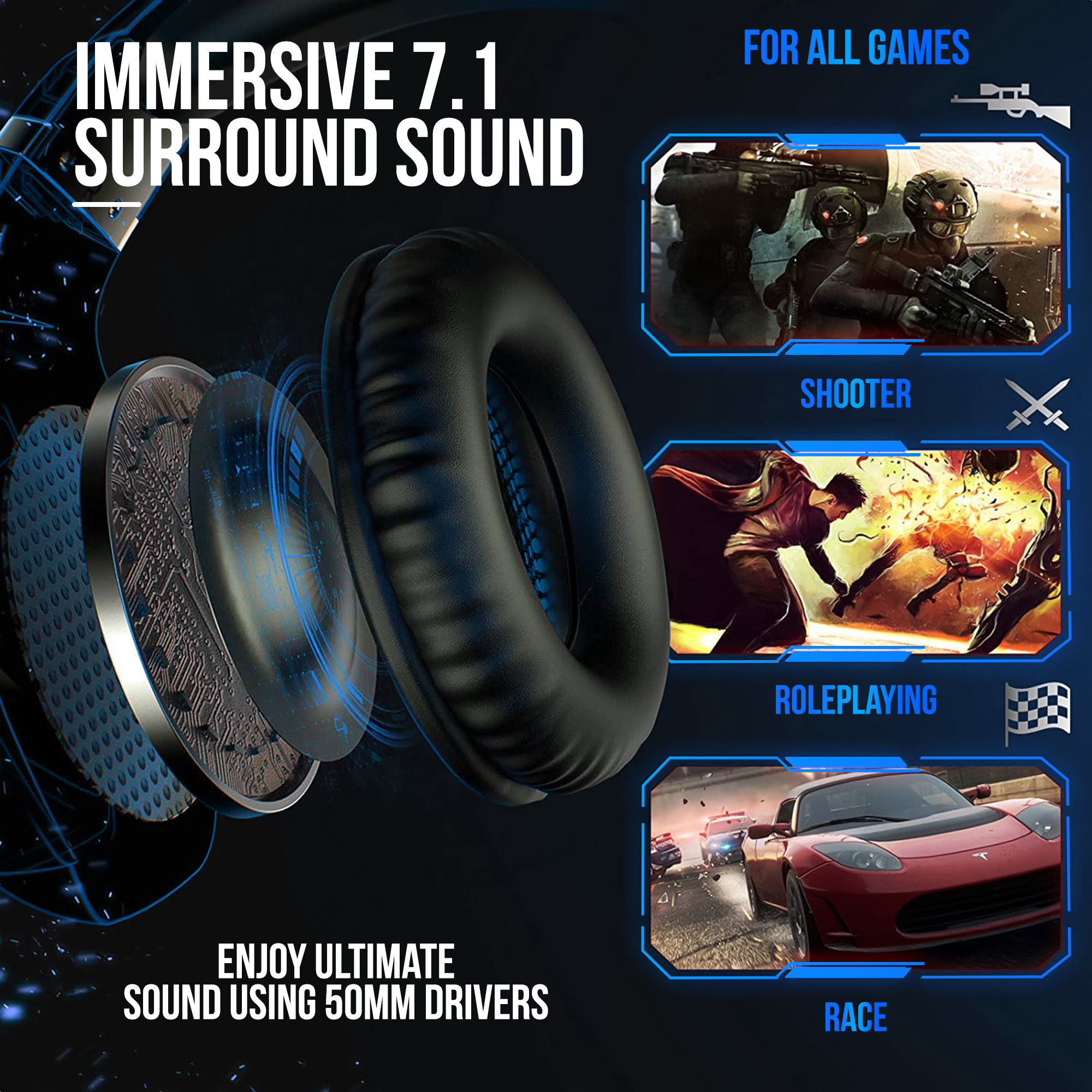 A black headset with blue highlights. It has 50mm drivers and is designed for immersive 7.1 surround sound for games.