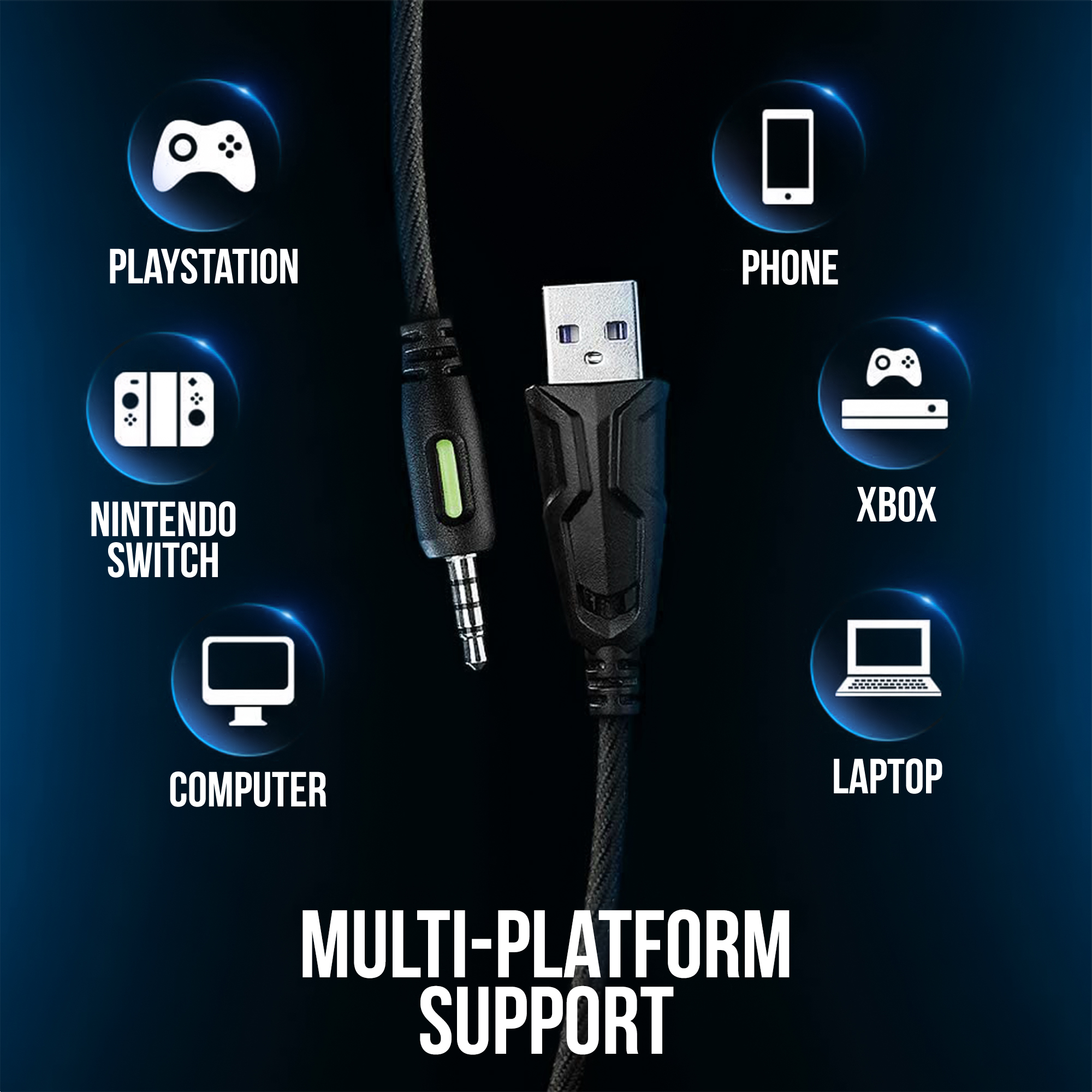 A USB cable and a 3.5 mm jack with icons for different devices: Playstation, Nintendo Switch, Phone, Xbox, Computer, Laptop.