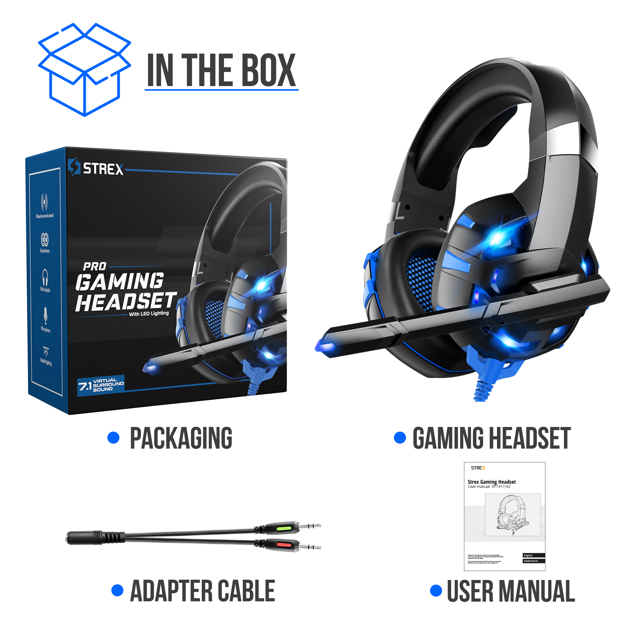 Packaging of a gaming headset. Includes the headset, adapter cable, and user manual. Blue lights are on the headset.