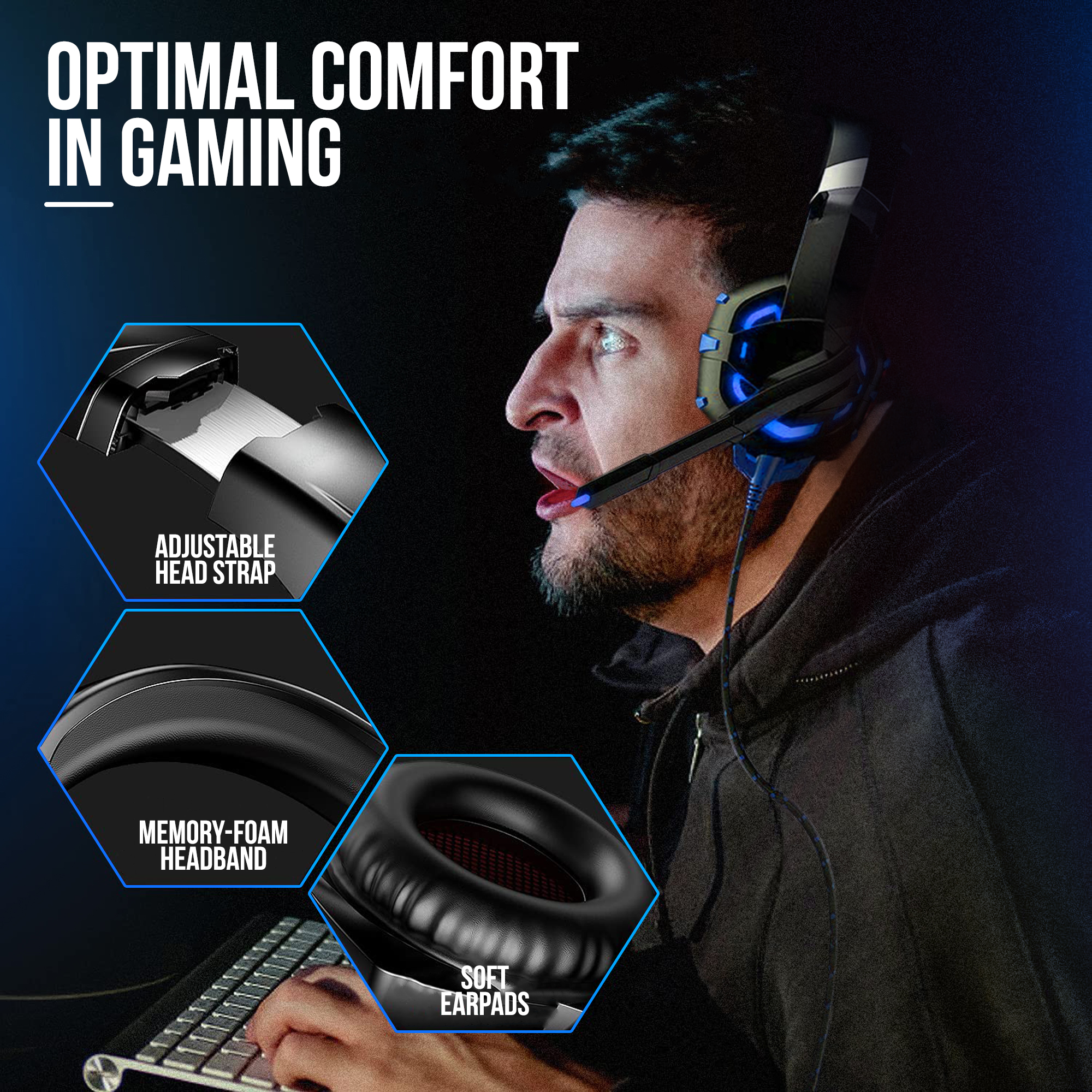 A man wearing a gaming headset. Shows adjustable head strap, memory foam, and soft ear pads for comfort.