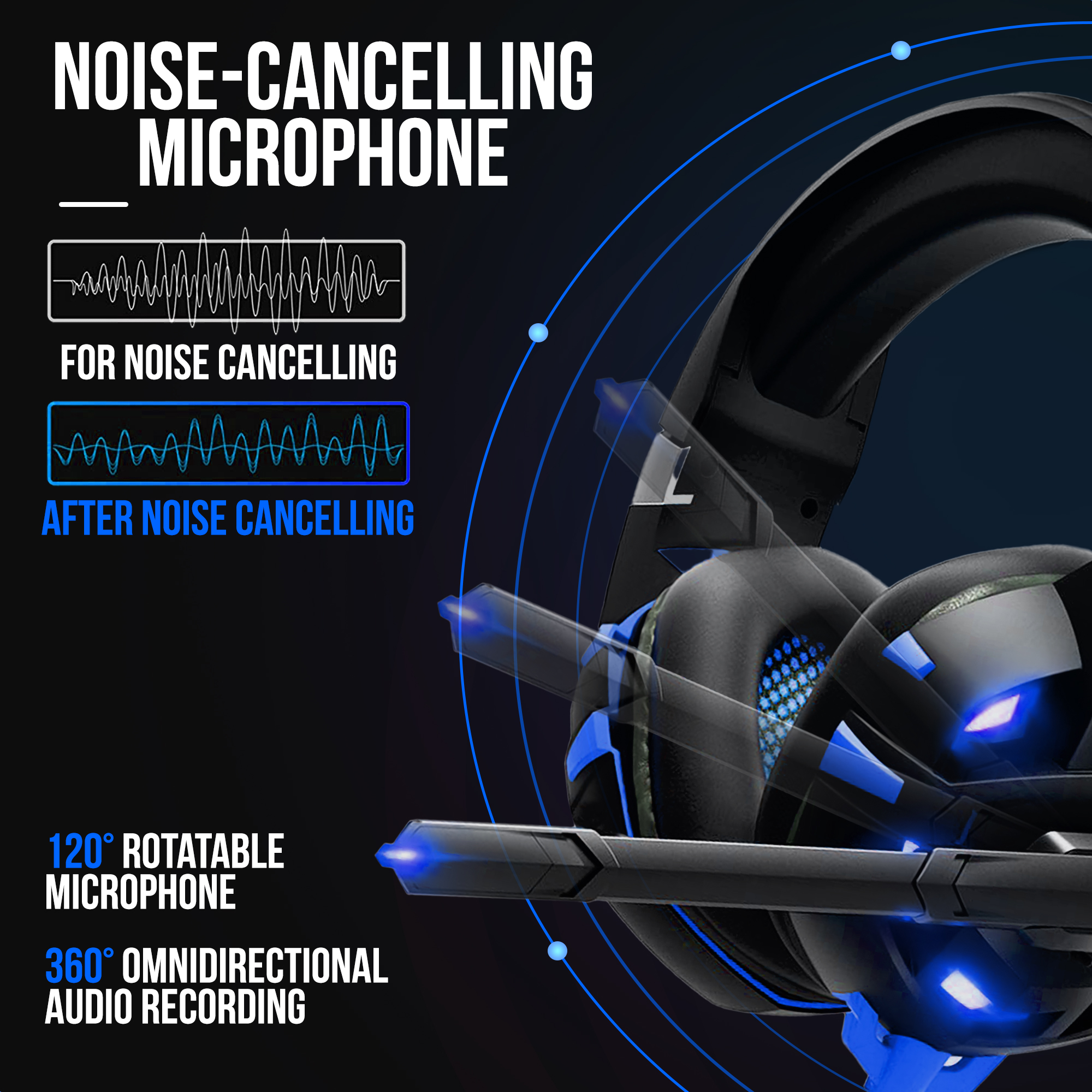 Gaming headset with a noise-cancelling microphone. Shows sound wave comparison, microphone rotation, and audio recording.