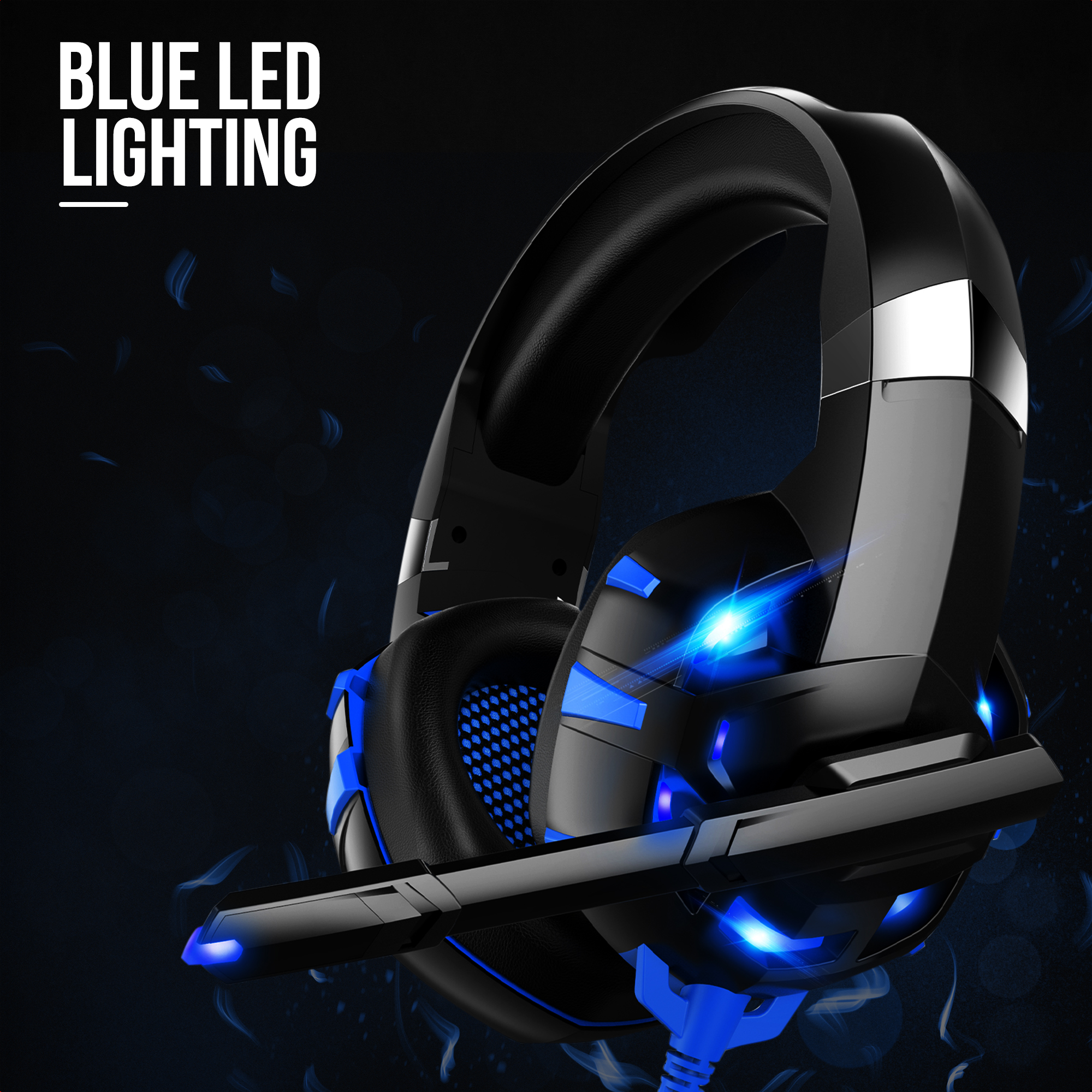 Black gaming headset with blue LED lights and a microphone. The background is dark blue.