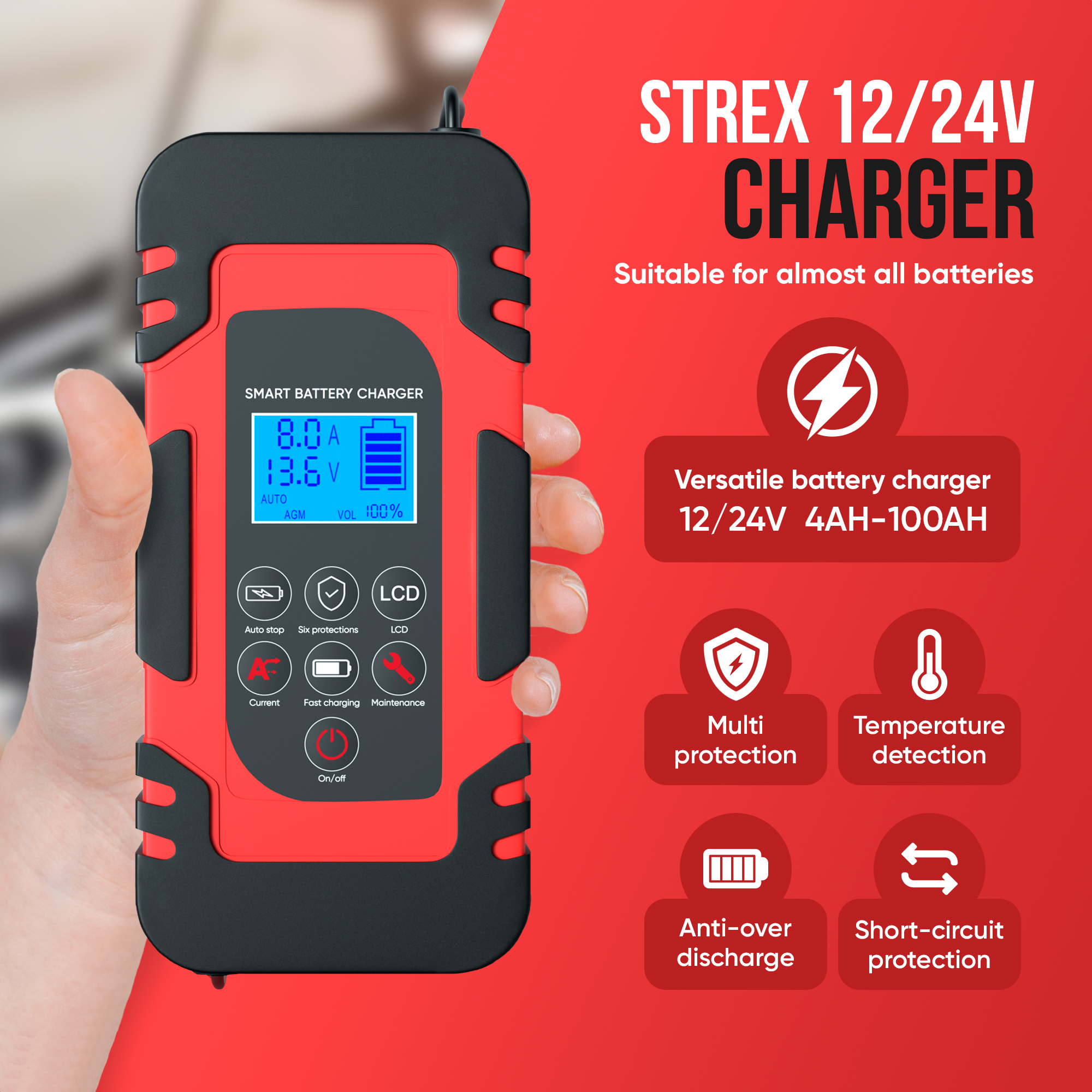 Un chargeur de batterie rouge et noir avec un affichage numérique. Inclut des icônes pour différentes fonctions et le type de batterie.