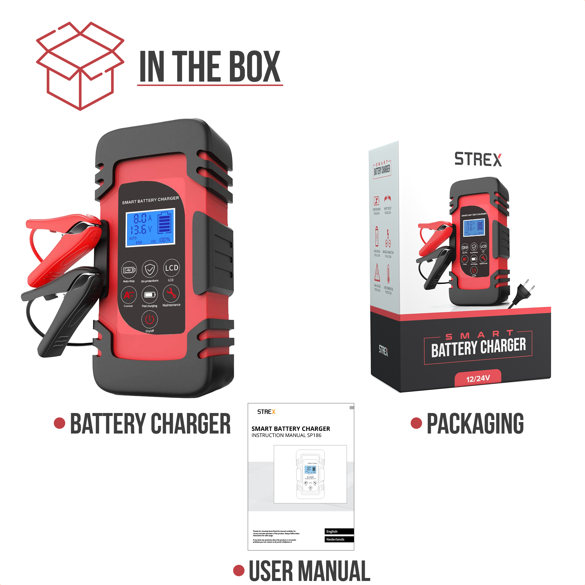 Emballage du chargeur de batterie, chargeur et manuel d'utilisation. Le chargeur de batterie est rouge et noir, avec un écran.