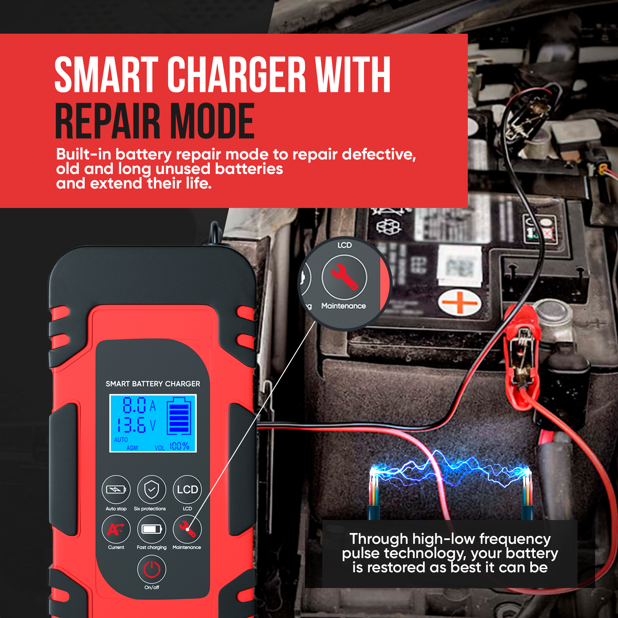 Un chargeur de batterie rouge et noir montrant le mode de réparation. Il est connecté à une batterie, montrant le processus de charge.
