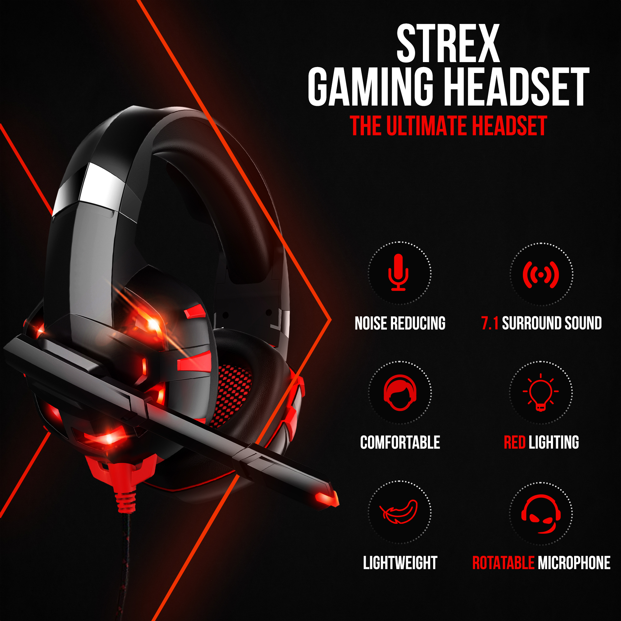 A gaming headset with red lighting. It shows features like noise reducing, 7.1 surround sound, and a rotatable microphone.