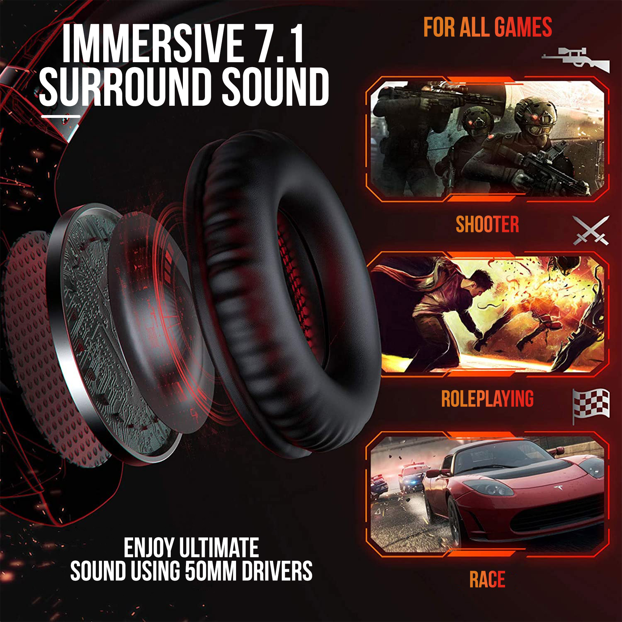 Gaming headset with 7.1 surround sound. Shows a cross-section, game graphics, and race car.