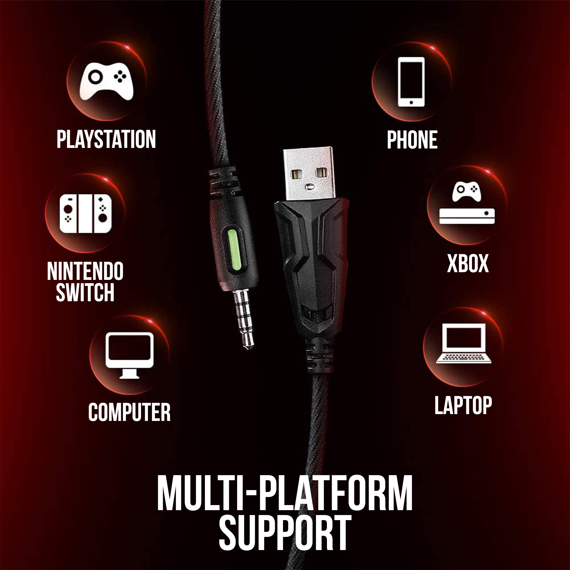 A USB cable and a 3.5 mm jack with icons for different devices: Playstation, Nintendo Switch, Phone, Xbox, Computer, Laptop.