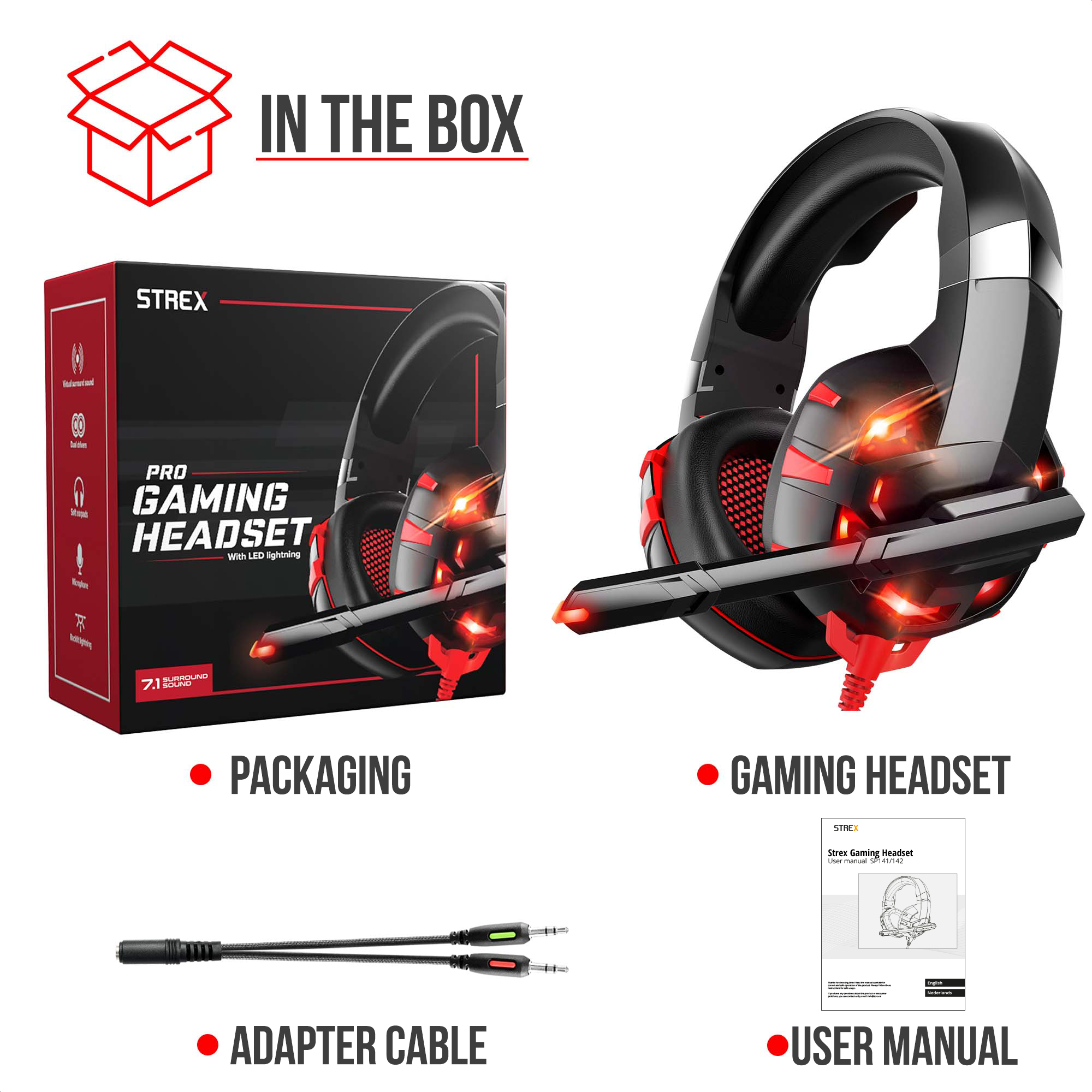 Packaging of a gaming headset. Includes the headset, adapter cable, and user manual. Red lights are on the headset.