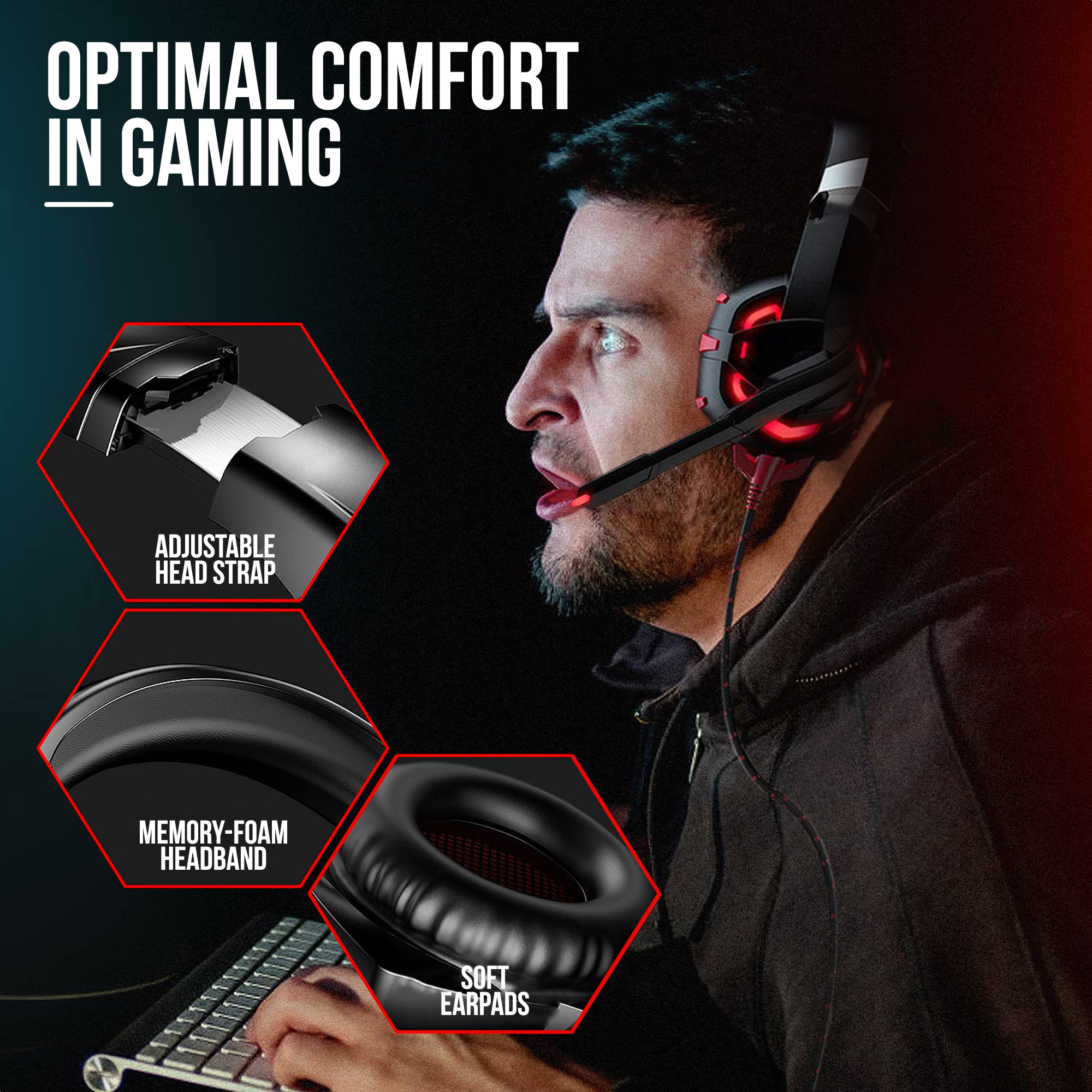 Man wearing gaming headset with memory foam, mic, and red lights. Text details adjustable head strap and soft earpads.