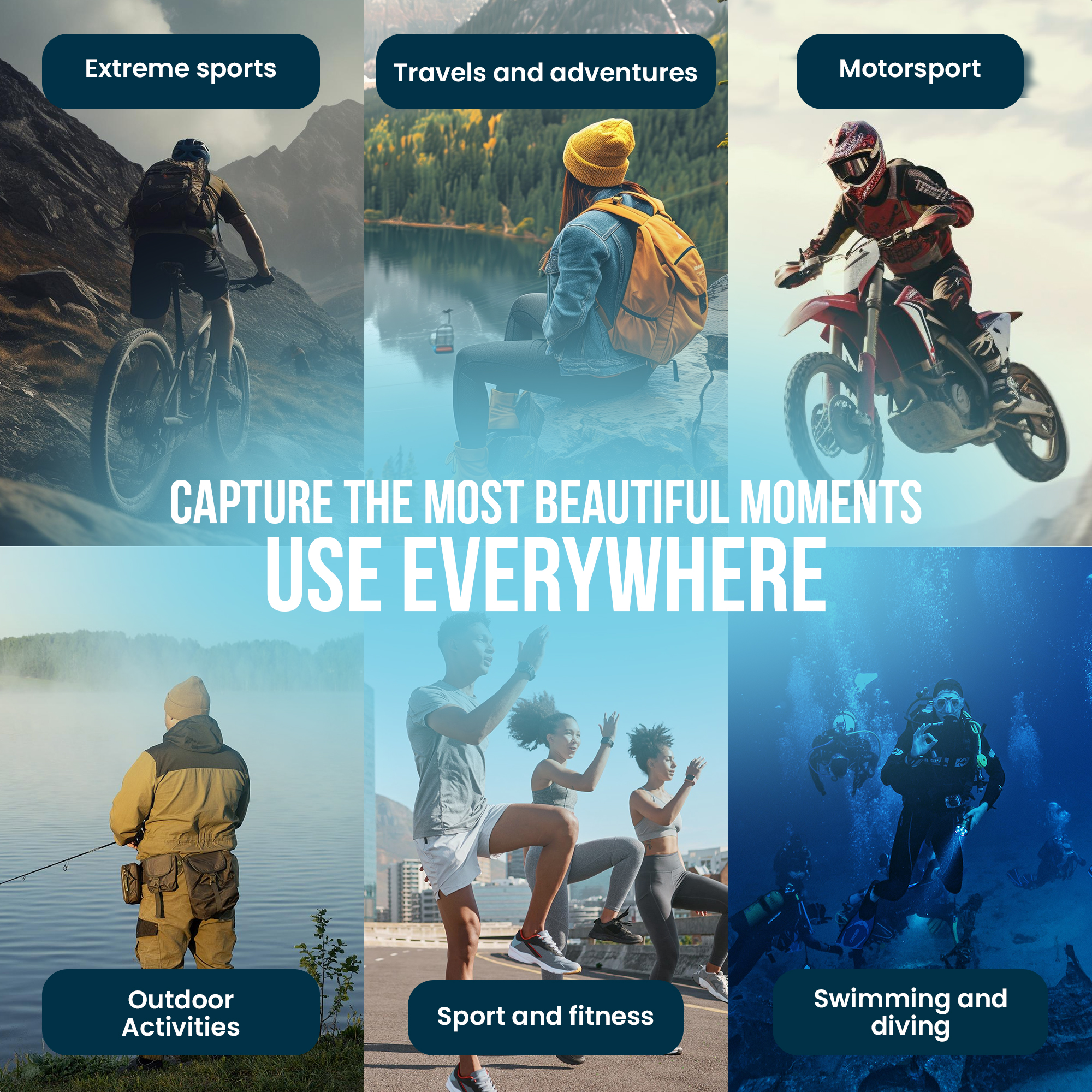 Bilder von Menschen, die verschiedene Aktivitäten genießen: Extremsport, Reisen, Motorsport, Outdoor-Aktivitäten, Sport und Tauchen.