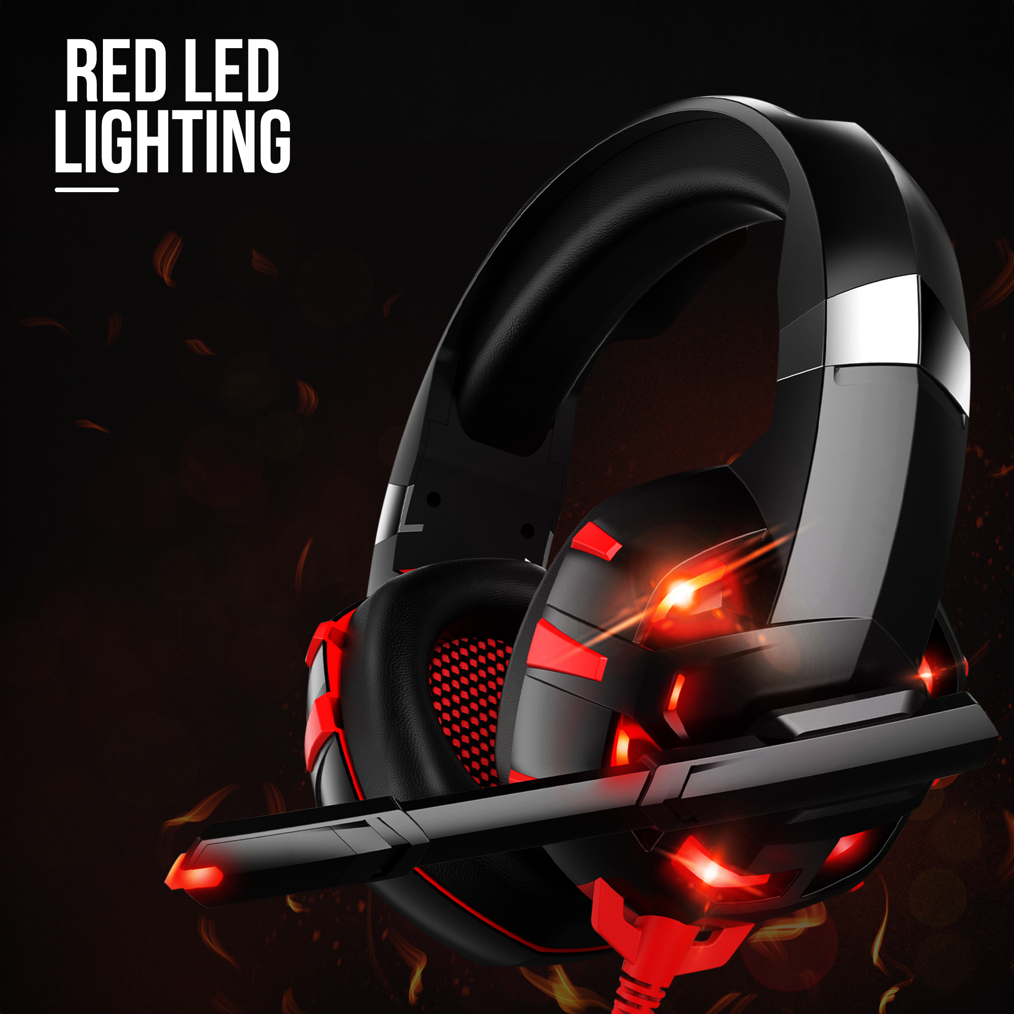 Close-up of a black gaming headset with red LED lighting. The mic and ear cups are visible.