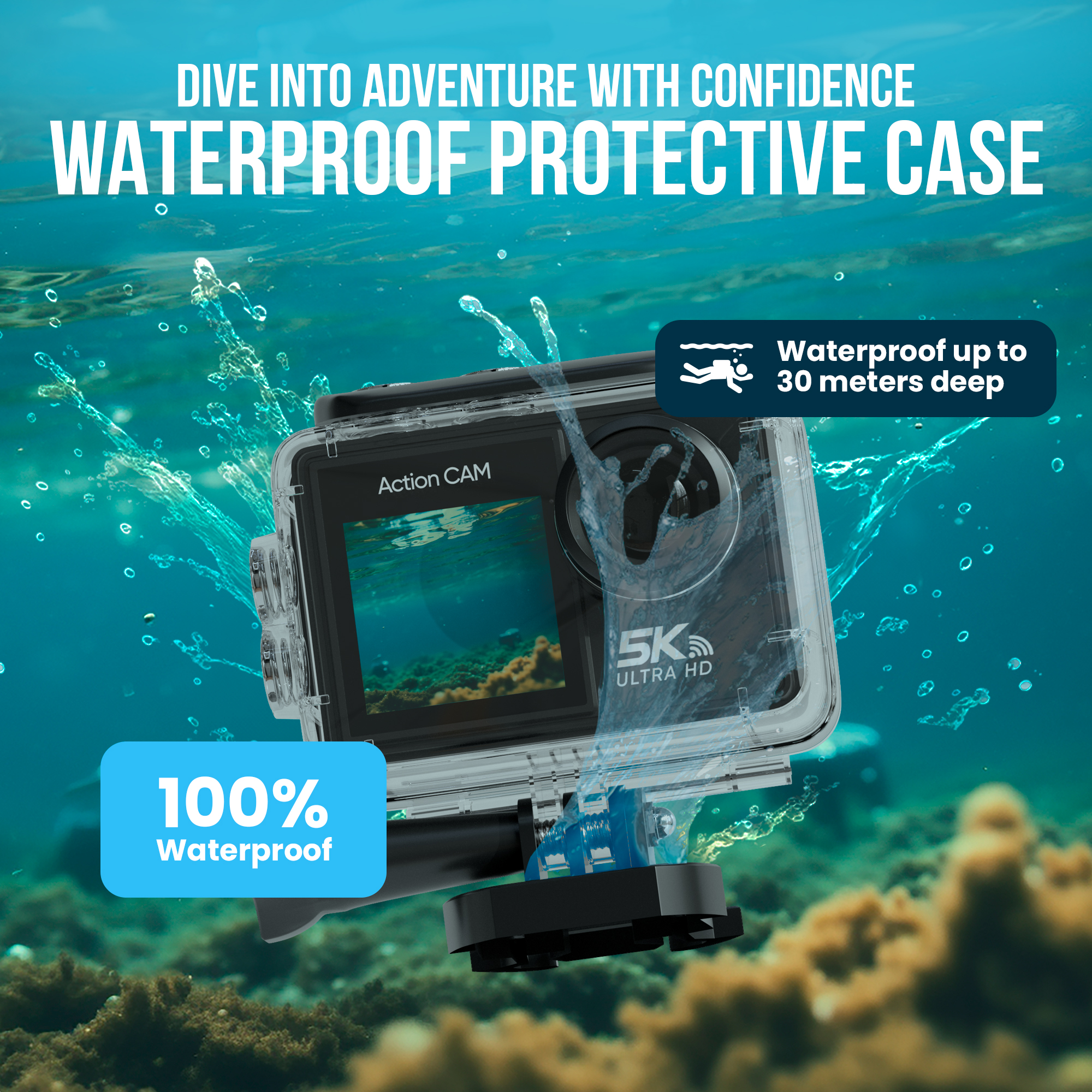 Eine Action-Kamera in einem wasserdichten Gehäuse. Text deutet darauf hin, dass sie bis zu 30 Meter tief wasserdicht ist.