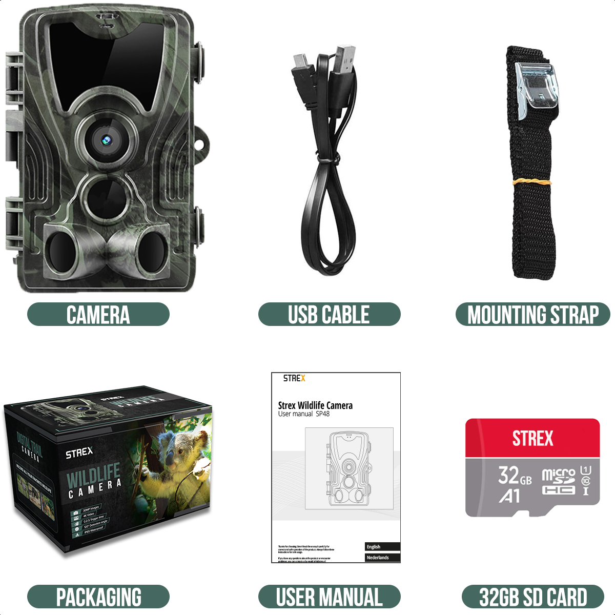 Contents of a wildlife camera kit: Camera, USB cable, strap, packaging, user manual, and SD card.