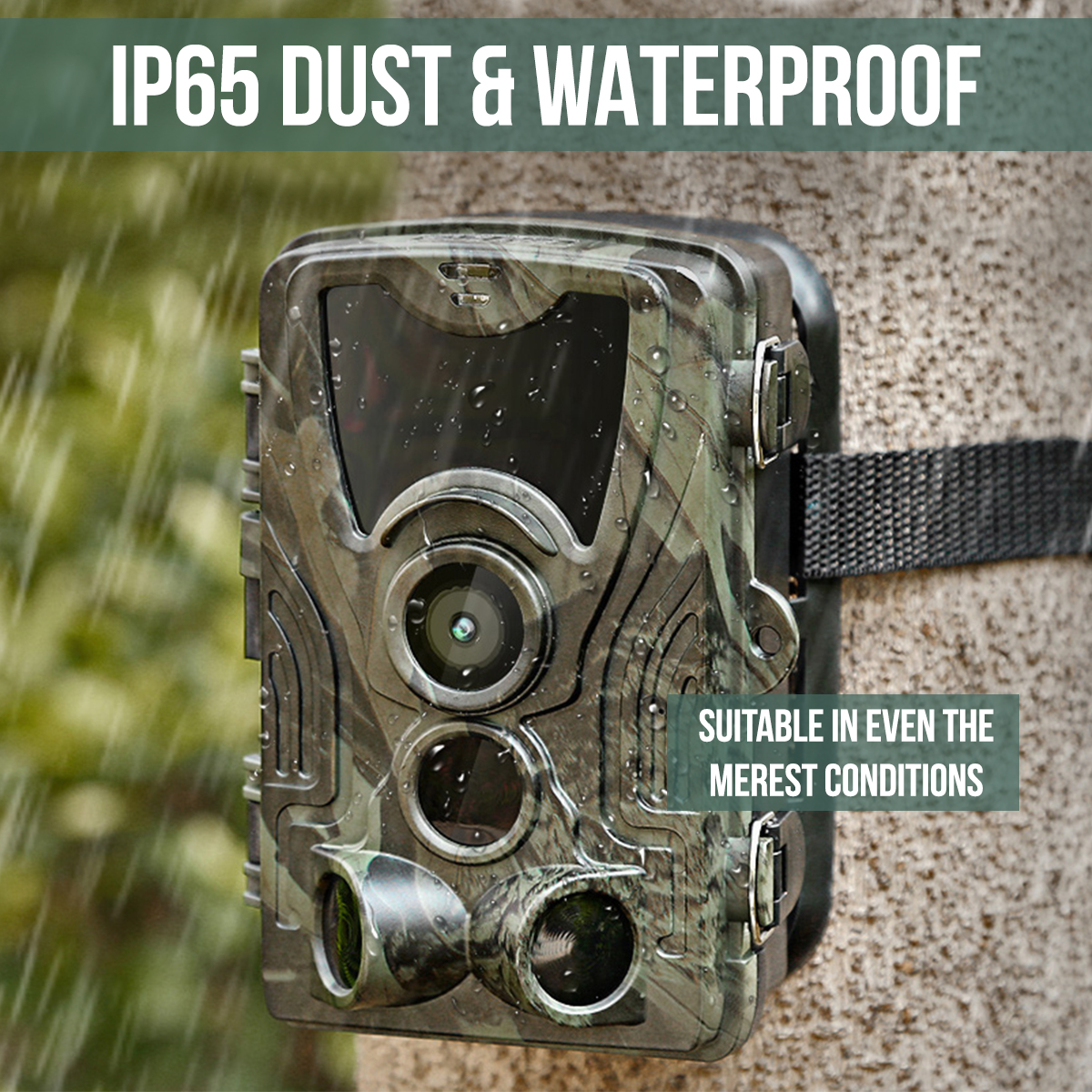 A wildlife camera mounted on a tree. Text indicates it's IP65 dust and waterproof, suitable in all conditions.