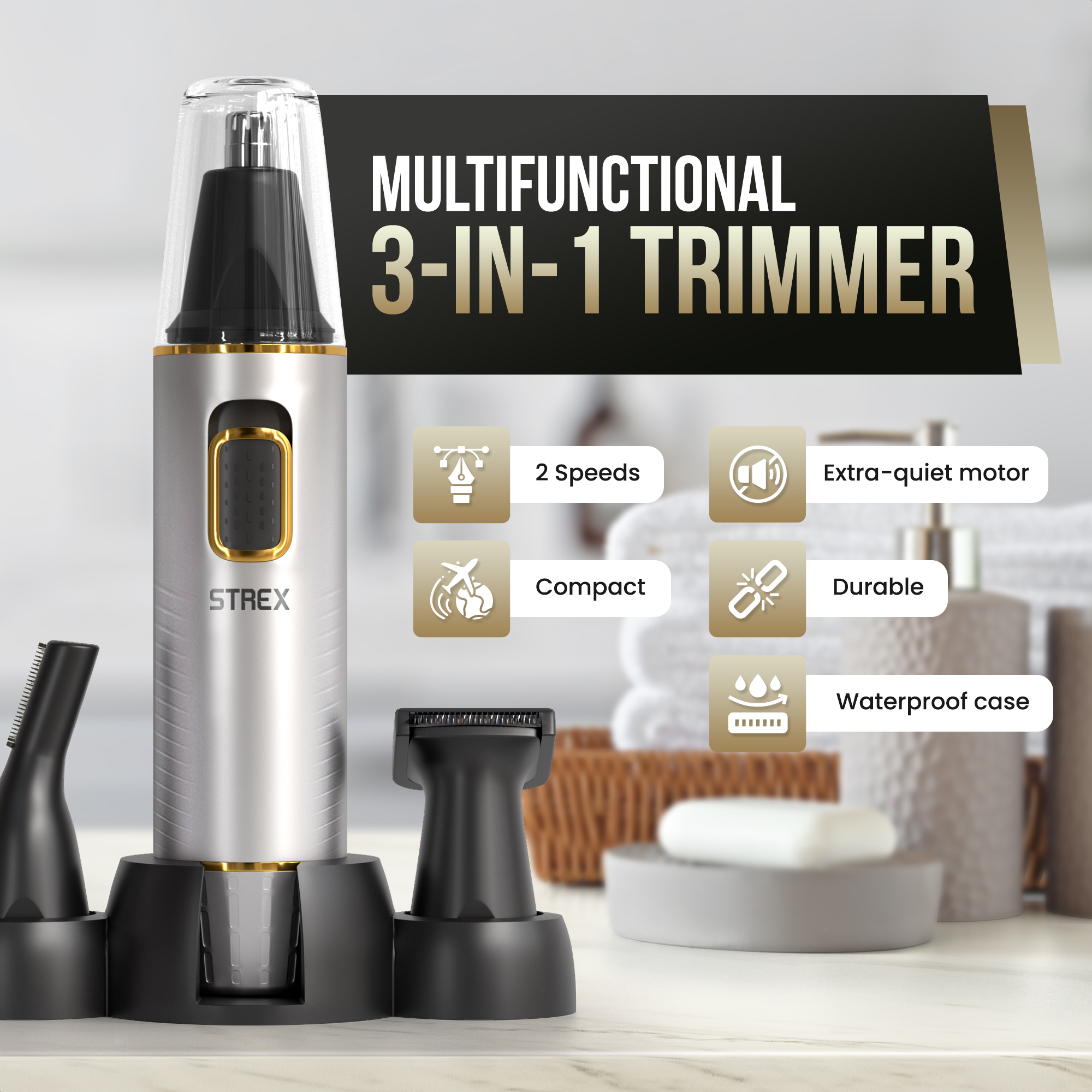 A silver 3-in-1 trimmer with 3 attachments. It has icons of 2 speeds, extra-quiet motor, and more.