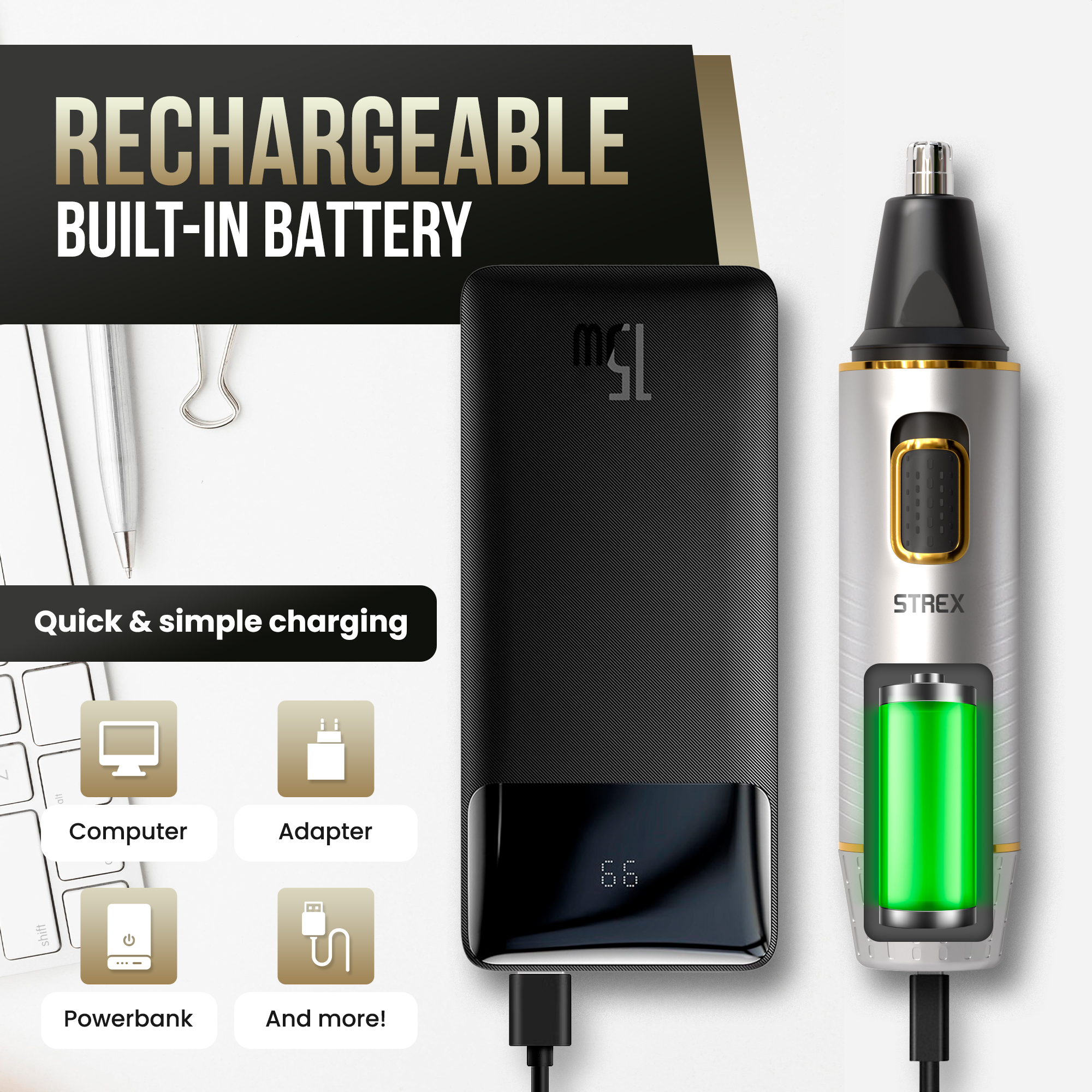 An image shows a rechargeable nose hair trimmer, a power bank, and charging options.
