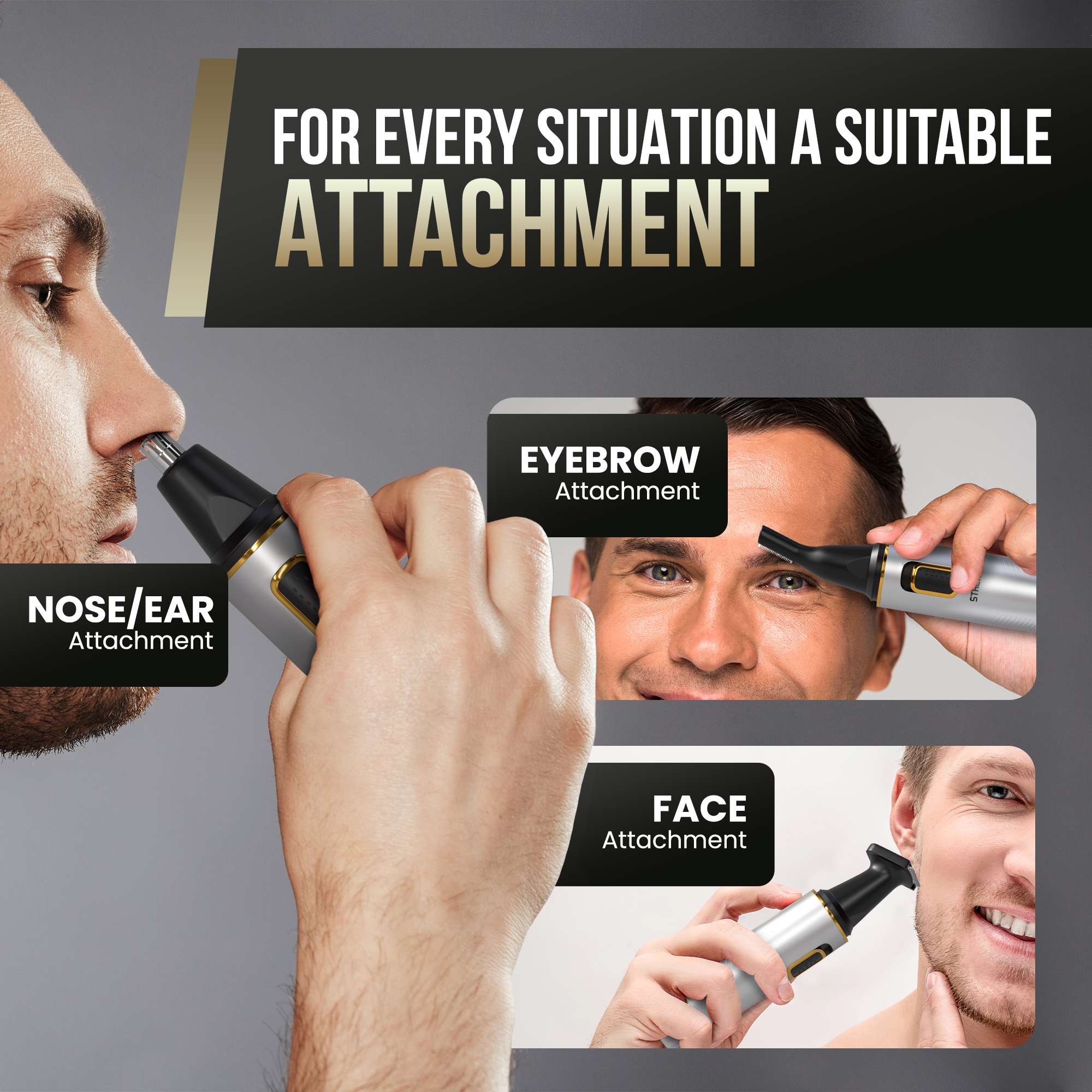 A man using a trimmer on his nose, eyebrow and face. The trimmer has three attachments.