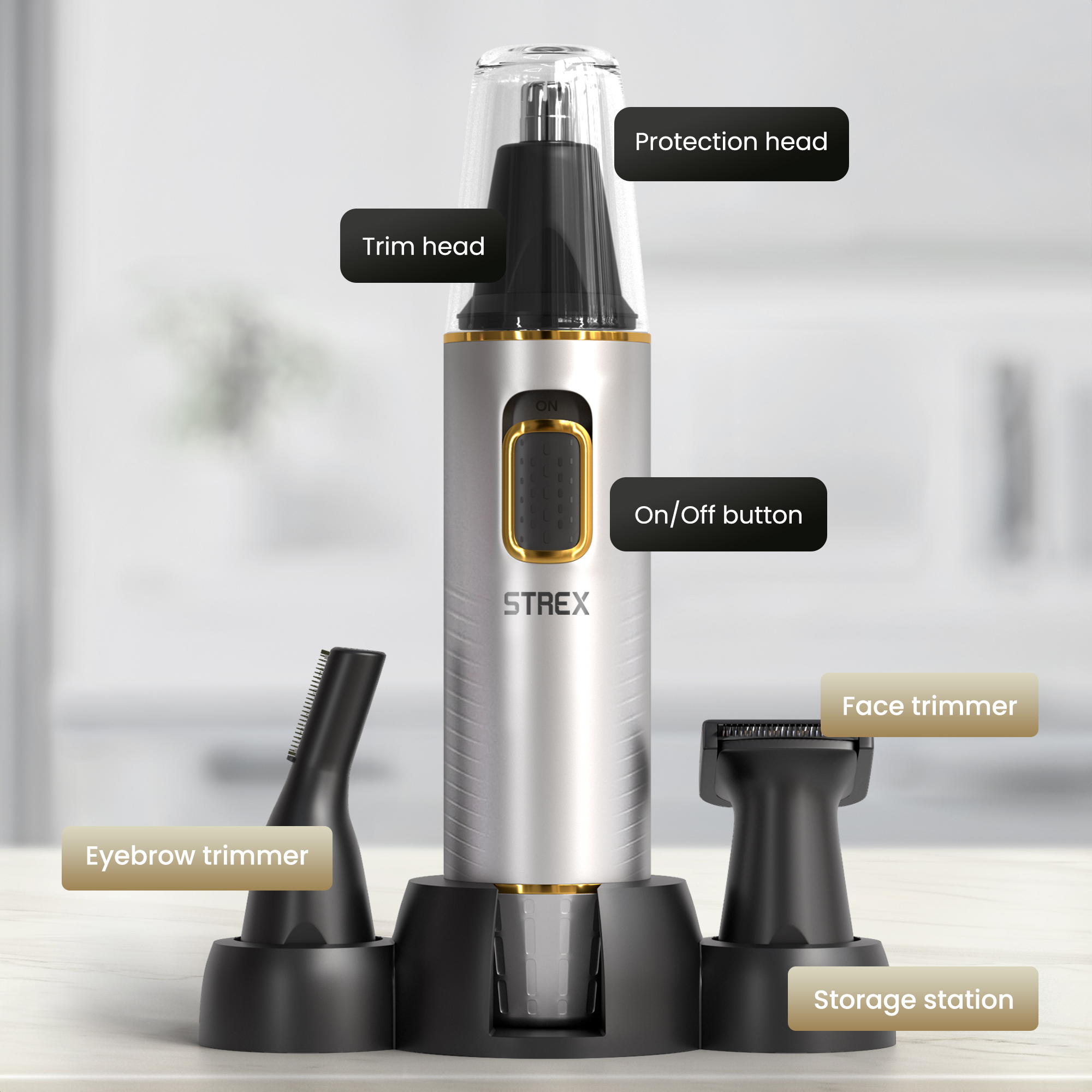 Silver nose hair trimmer with attachments and on/off button. Black base and trim head, eyebrow trimmer, and face trimmer.