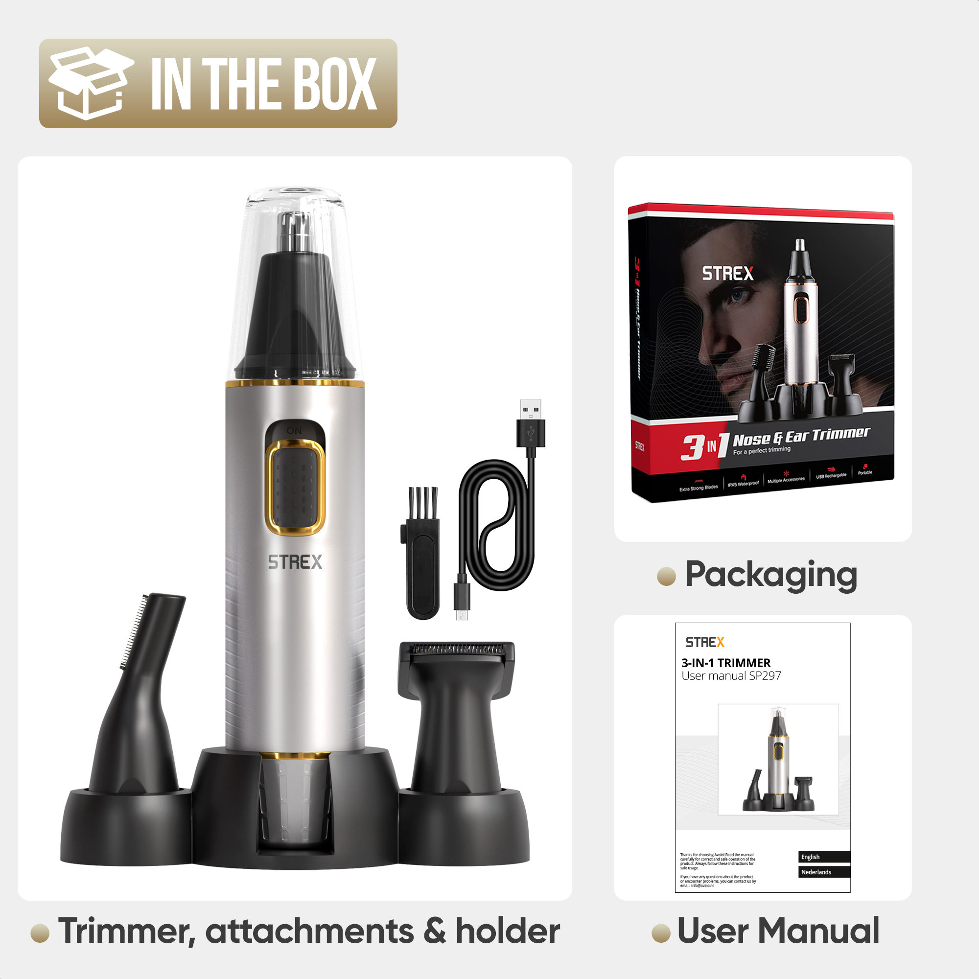 A 3-in-1 nose and ear trimmer with accessories. The packaging and user manual are also shown.